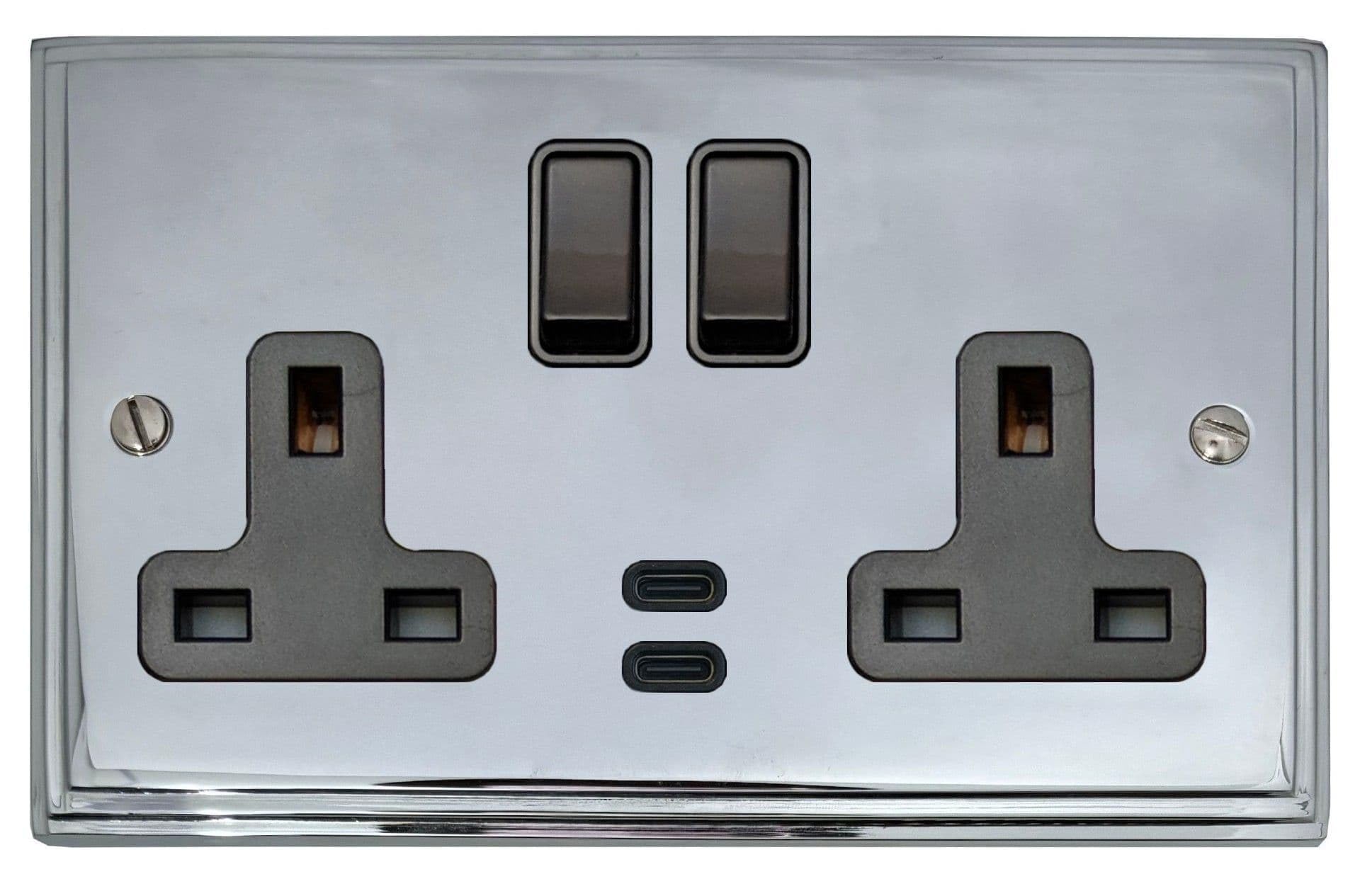 G&H Brassware G&H Vc913b Victorian Plate Polished Chrome 2 Gang Double 13A Plug Socket Dual 4.2A Usb C