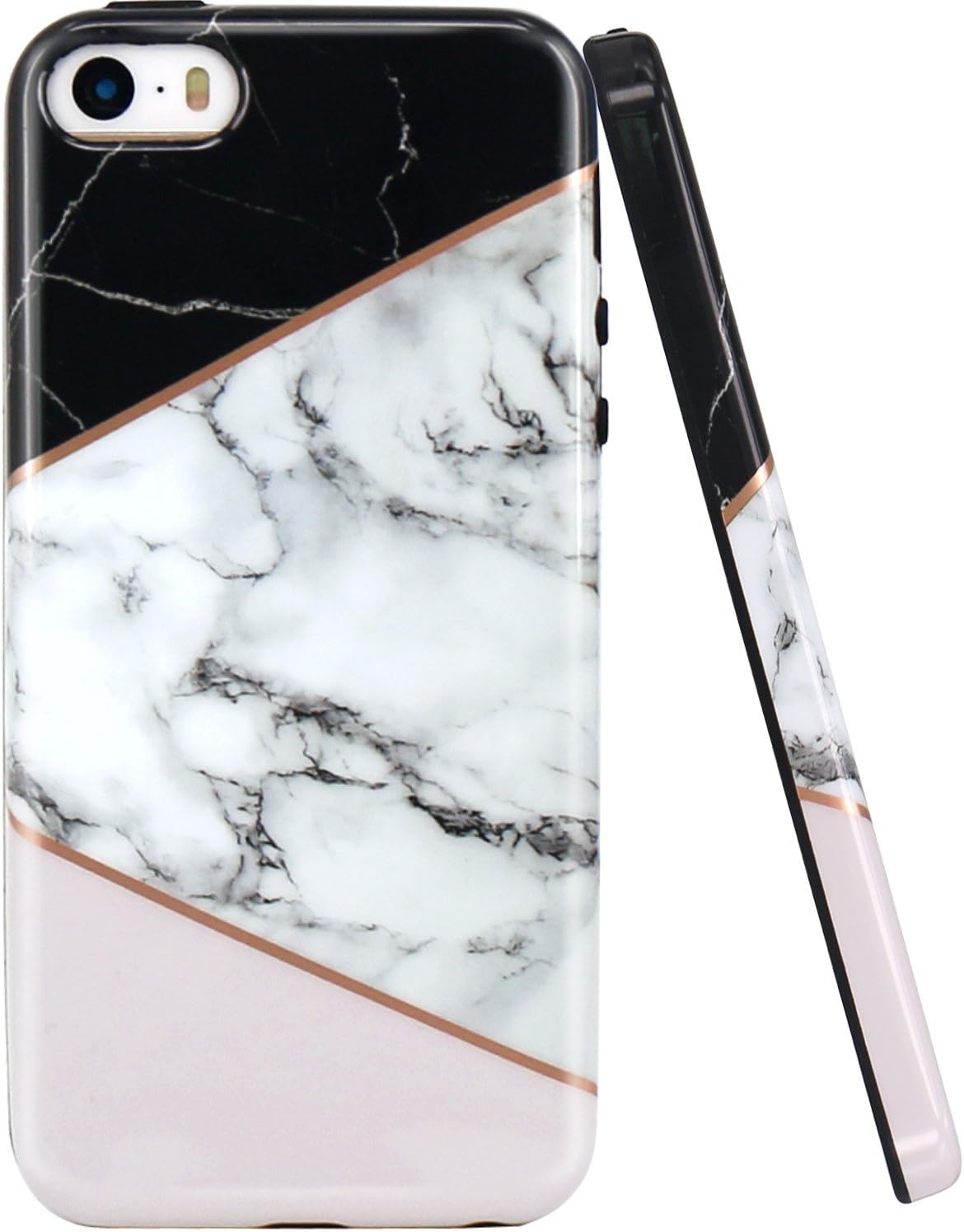 JAHOLAN iPhone 5 Case, iPhone 5S Case Geometric Marble Design Black Bumper Slim TPU Soft Rubber Silicone Cover Phone Case for iPhone 5 5S SE - Pink Black