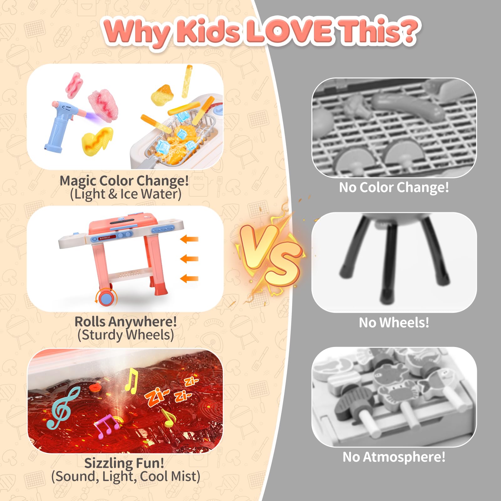 cute stone Barbecue pour Enfants avec Aliments changeant Couleur, Vaporisateur Brume fraîche, Sons et lumières Jeu de Cuisine d'extérieur avec poêle à Frire, sur roulettes pour Un déplacement Facile