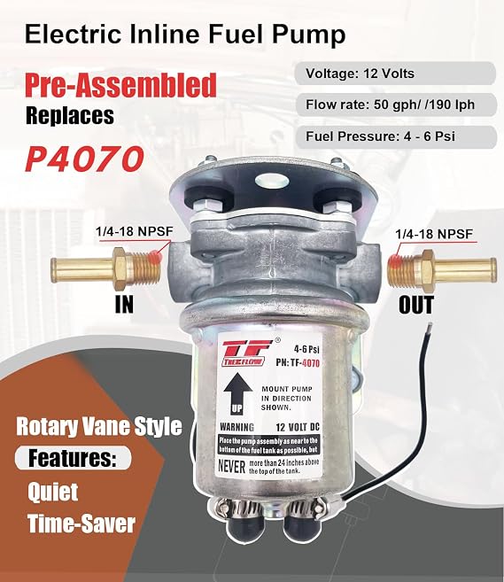 P4070 replacement Electric Fuel Pump 12V 4-6 4-8 Psi fuel pump pre-assembled universal rotary vane for automotive replacement (wiring attachment improved)