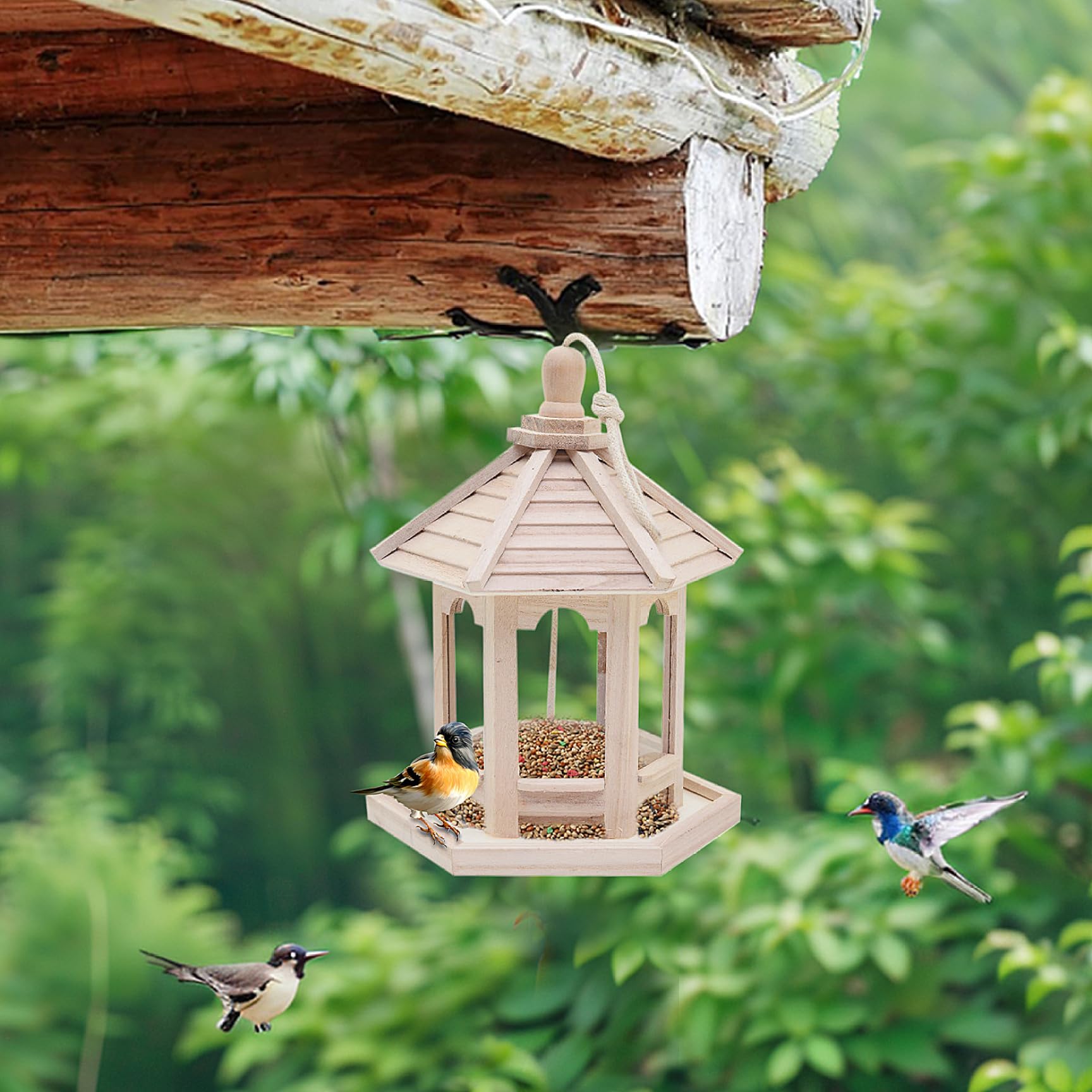 Comedero para pájaros de madera, mesa para pájaros colgante impermeable con techo extraíble, comedero para casa de jardín natural, mesa decorativa de madera para amantes y decoraciones de jardín