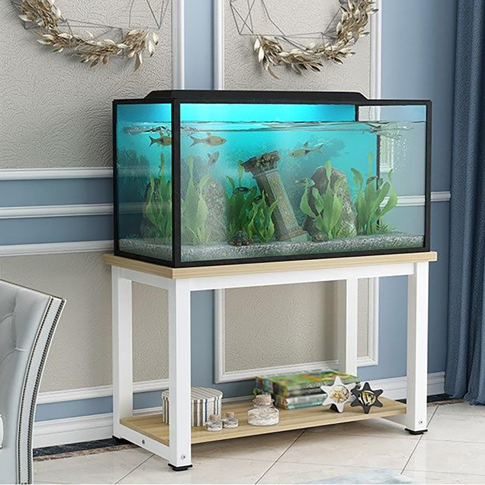 Scaffale per Acquario, Acquario con Mobile | Legno Massello, Piedini Protettivi Antiscivolo, Facile da Installare, Portata di 200 kg(White B,90x40x70cm/35x16x28in)