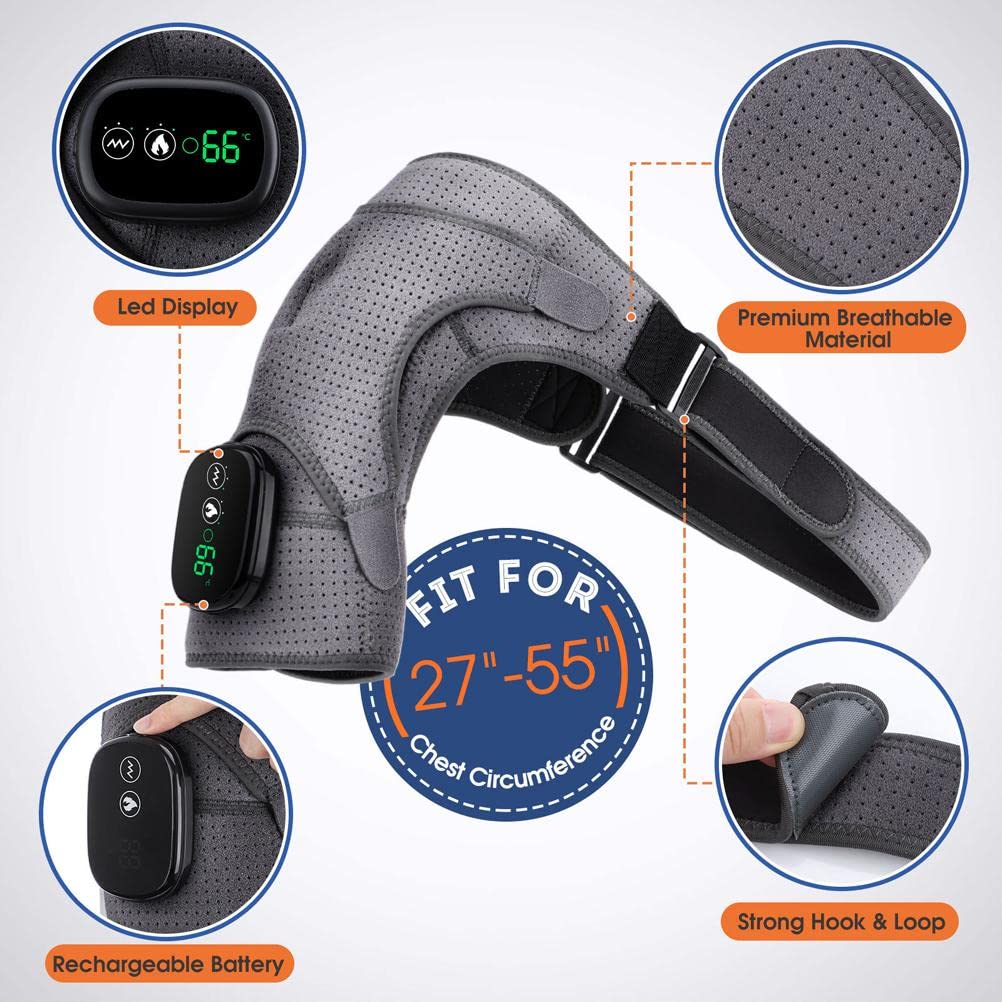 GonetreMassager Heating Shoulder Wrap Heated Pad with 3 Vibration Temperature Settings Adjustable Brace with LED Display