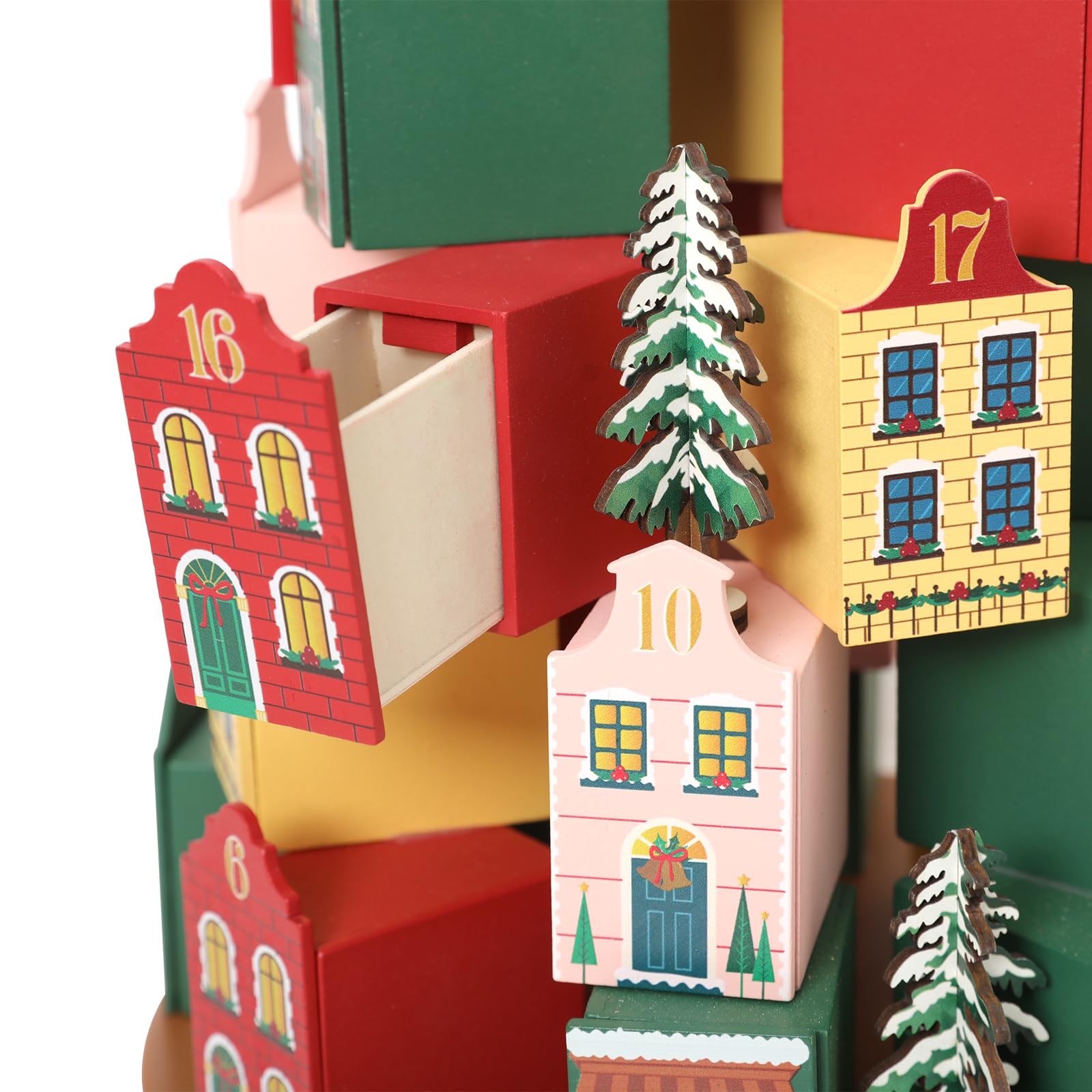 PE 3D Holz-Adventskalender als Weihnachtsdorf, 24 Schubladen zum Befüllen | Holz, 26,6 x 26,6 x 32 cm, 24 nummerierte Schubladen, Weihnachtsdorf-Dekoration, jährlich neu befüllbar