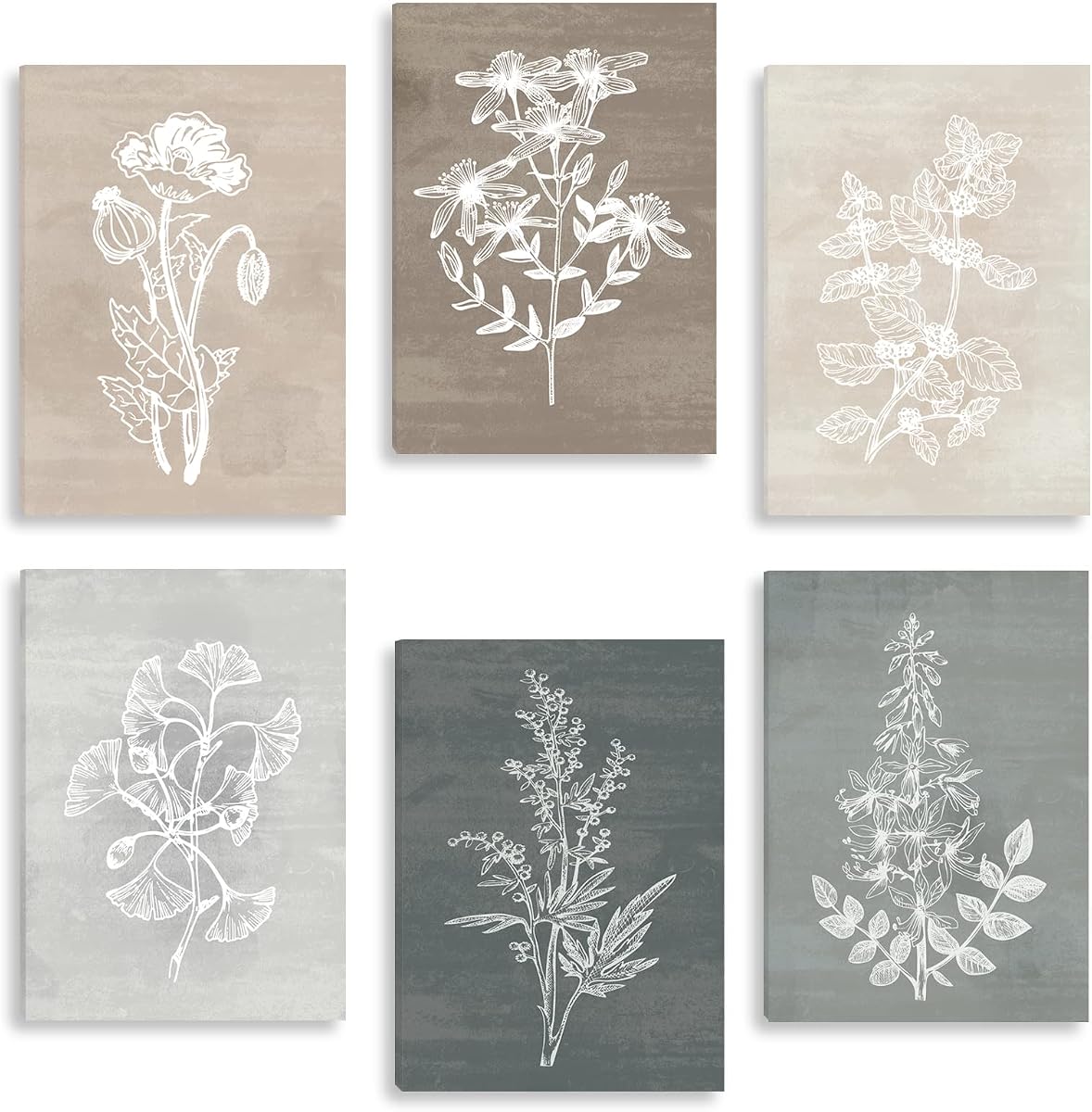 BINCUE Lienzo de plantas botánicas neutras, 6 piezas, arte rústico de pared para sala de estar, dormitorio y baño, juego de impresión de pinturas en lienzo, decoración de 12.0 x 16.0 in
