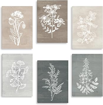 Neutral Botanical Plant Canvas 6 Pieces Rustic Farmhouse Wall Art Print Set Decor 12 x 16