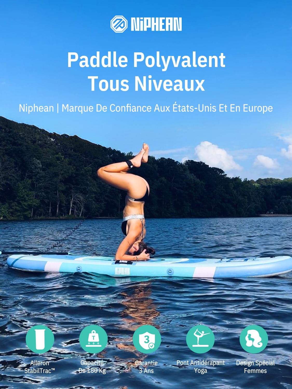 Niphean Paddle Gonflable Adulte avec Siège, (Ultraléger) Stand Up Paddle pour Femmes, Paddle Gonflable avec Aileron StabilTrac pour +30% Stabilité, Paddle Antidérapante pour Le Yoga et avec Animaux