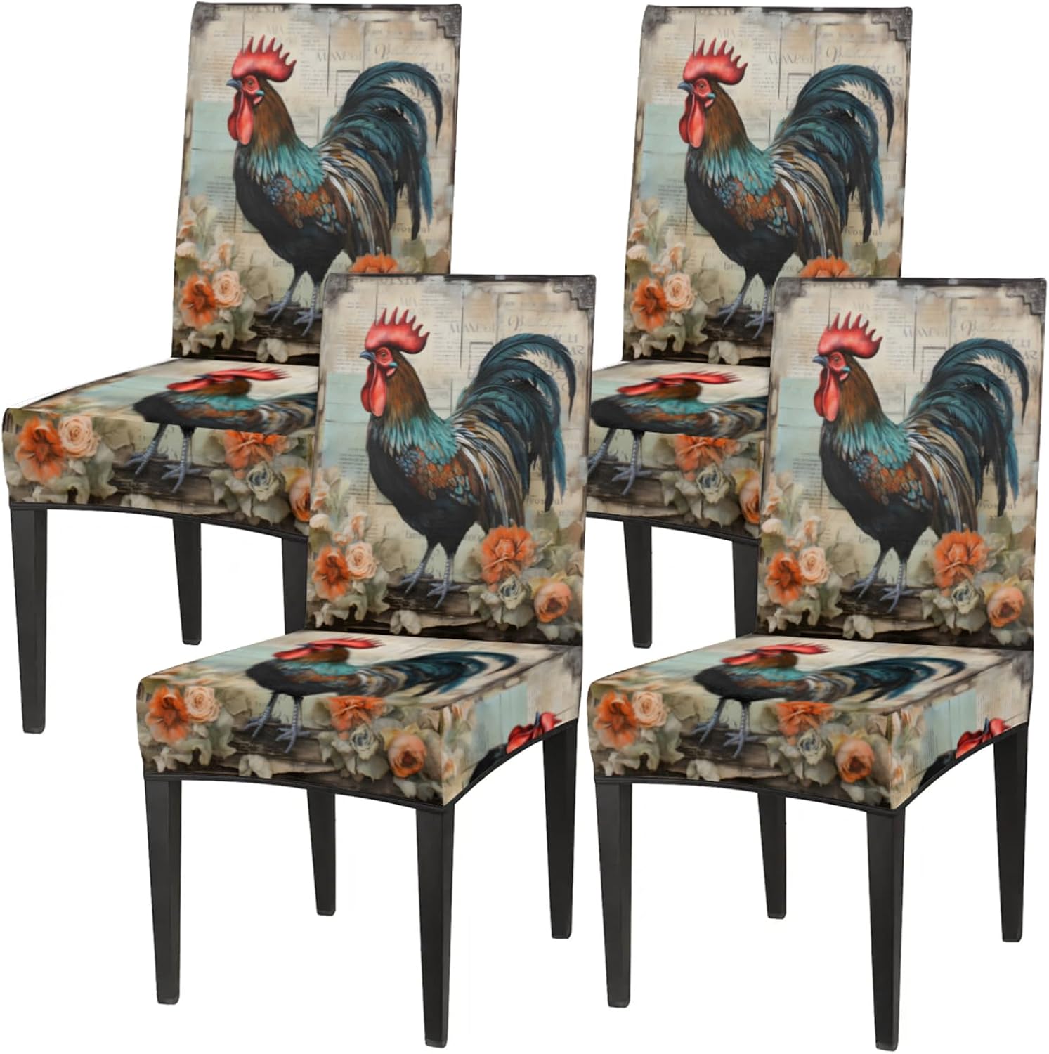 QsirBC Vintage Rose Rooster Stretch Dining Room Chair Covers Set of 4 Chair Slipcovers Removable Washable Kitchen Seat Covers Chair Protectors for Hotel Party Wedding