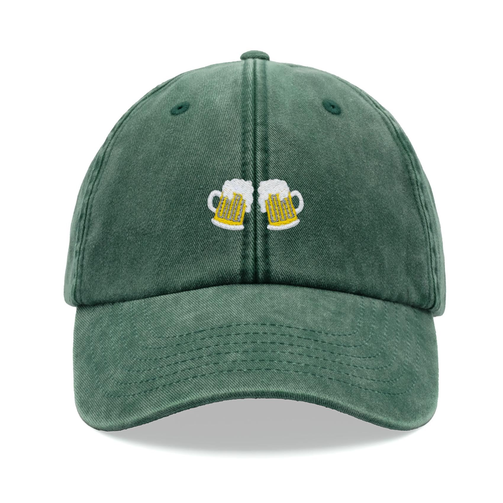 Beer Stein Glasses Baseball Cap Vintage Washed Unisex Dad Hat Adjustable Bottle Green
