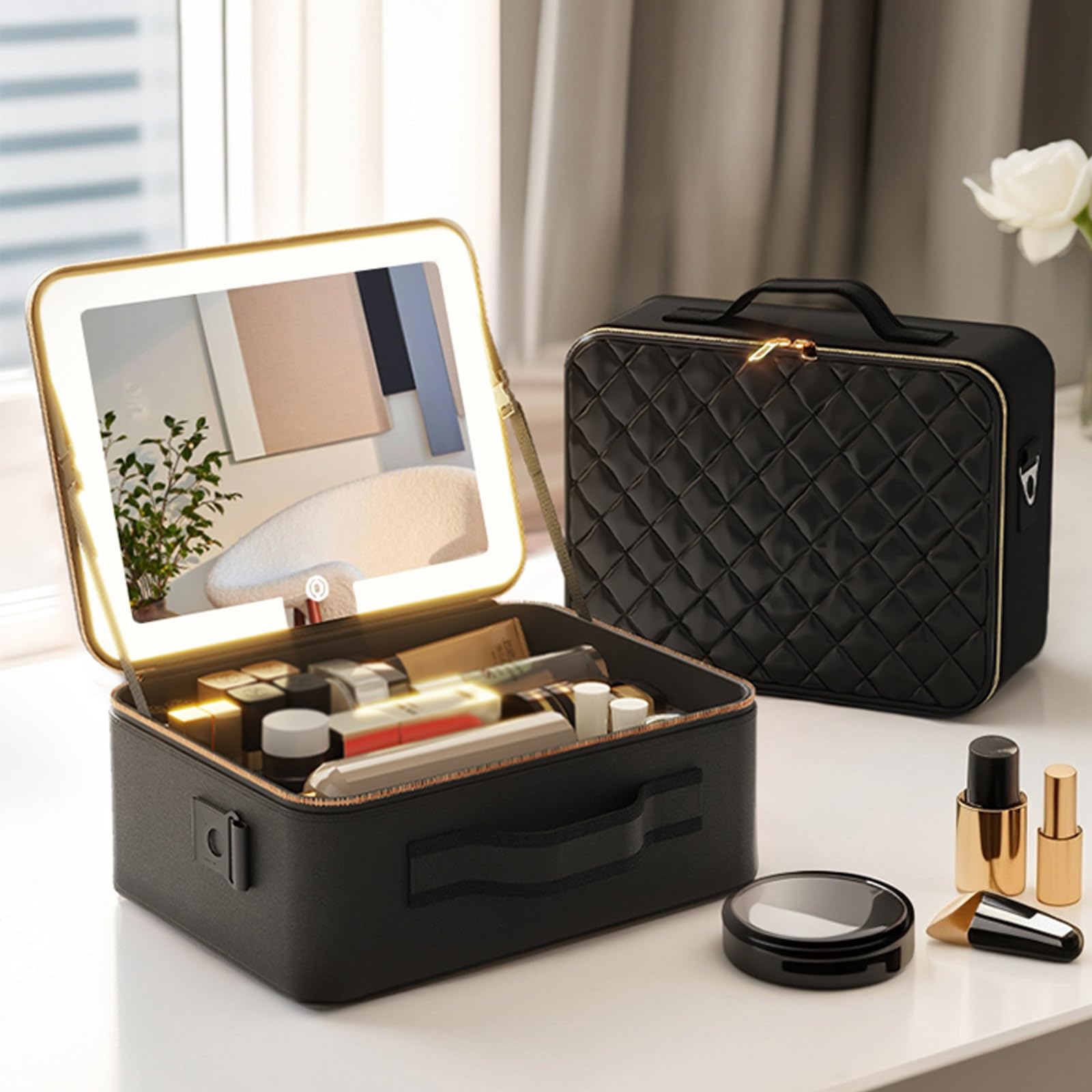 Borsa Trucchi Con Specchio A LED, Makeup Bag Con 3 Modalità Di Illuminazione,Professionale Portatile Trousse Make Up Organizers Trucchi Ragazza Valigetta Porta Trucchi，Beauty Case Da Viaggio(Noir)