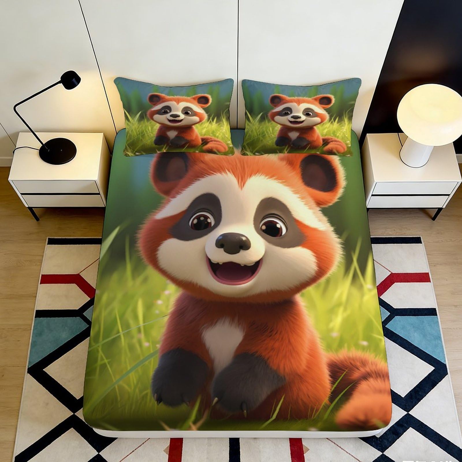 3D Printed Cartoon Panda Fitted Sheet Microfiber Non-Slip Deep Pocket Cartoon Panda Mattress Fitted Cover Bedroom Bedding 180x200x25cm