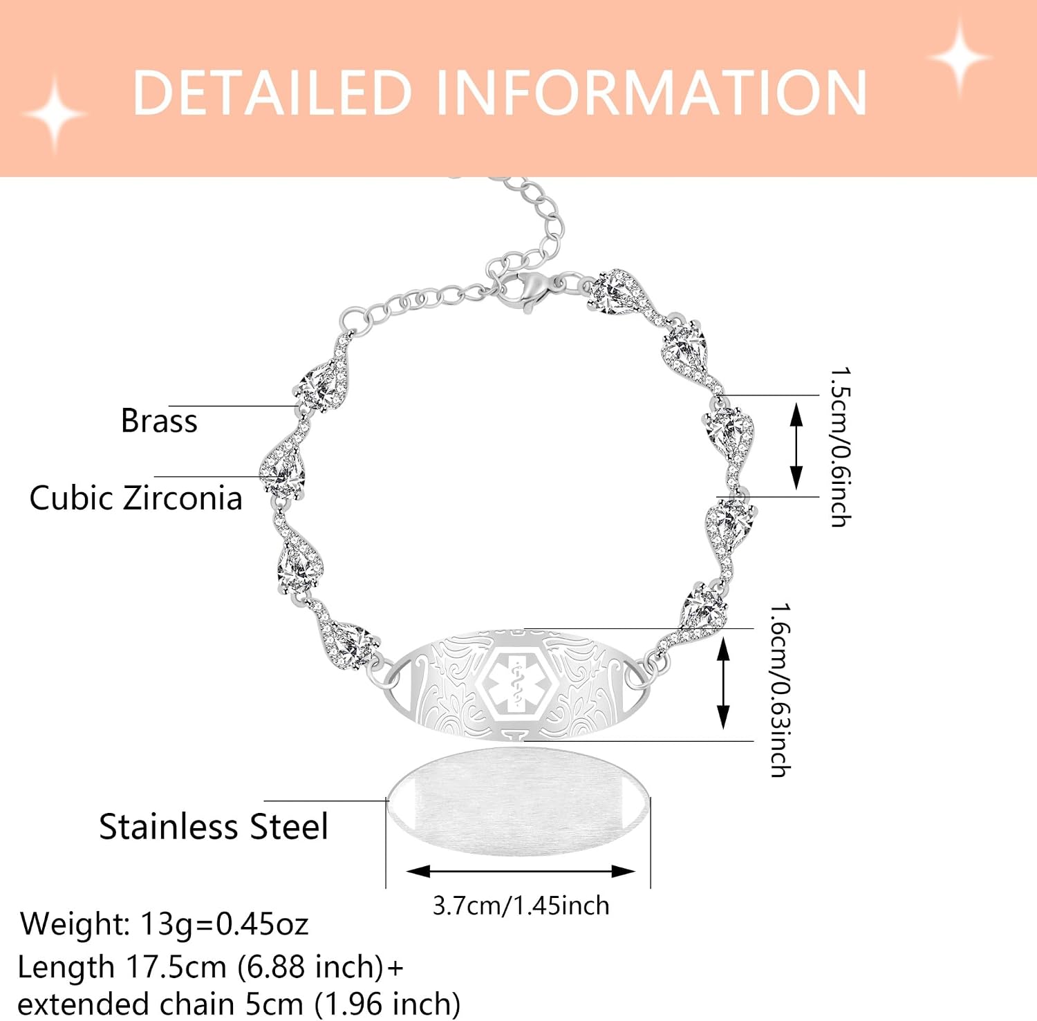 Heart Chain Cubic Zirconia Medical Alert Bracelet - Oval ID Plate with White Pattern - Women Personalized Jewelry YA5726