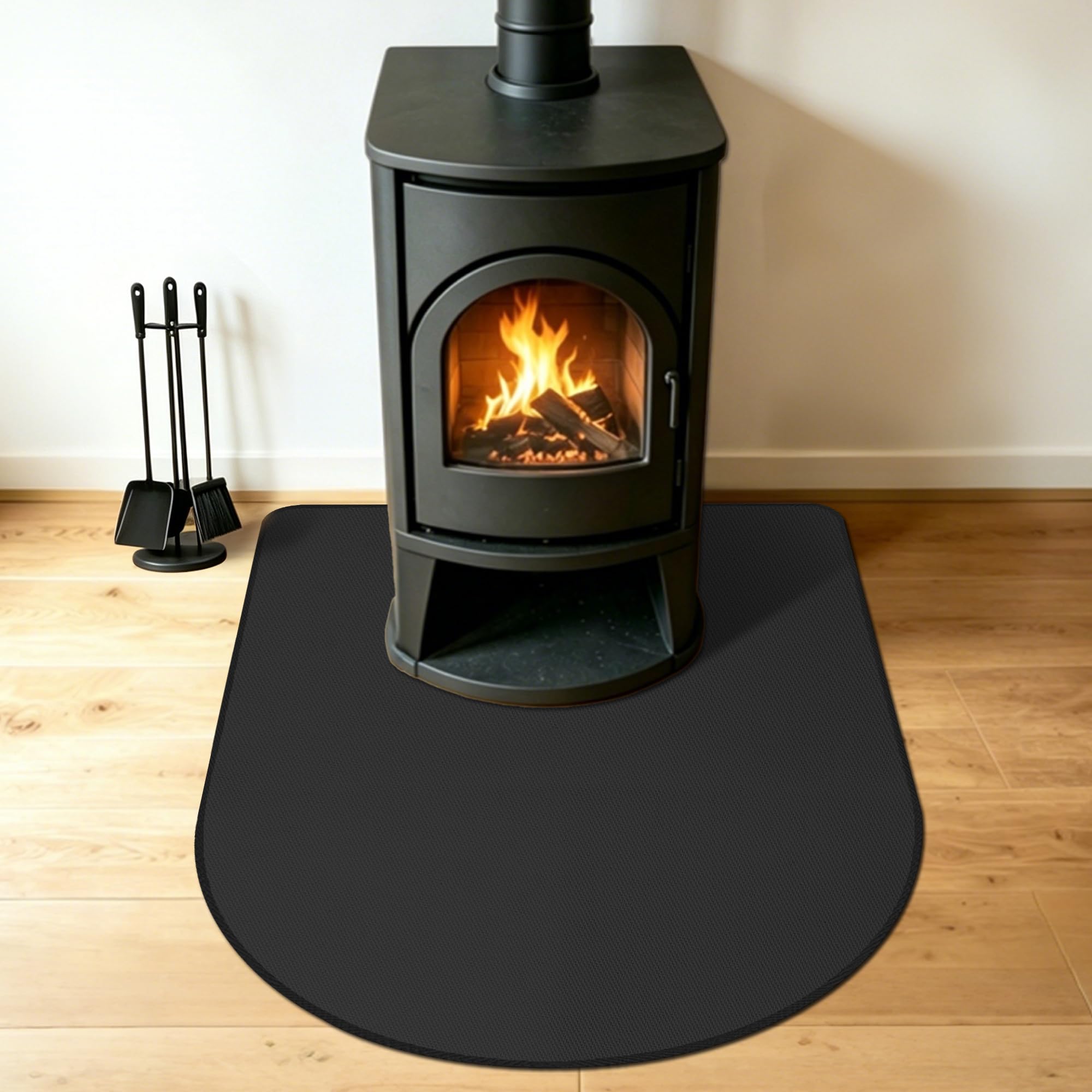 Tapis de cheminée rond résistant au feu Noir 110 x 85 x 0,1 cm | Tapis ignifuge 1000 °C pour brûleur à bûches, tapis de protection contre les étincelles, facile à nettoyer, polyvalent