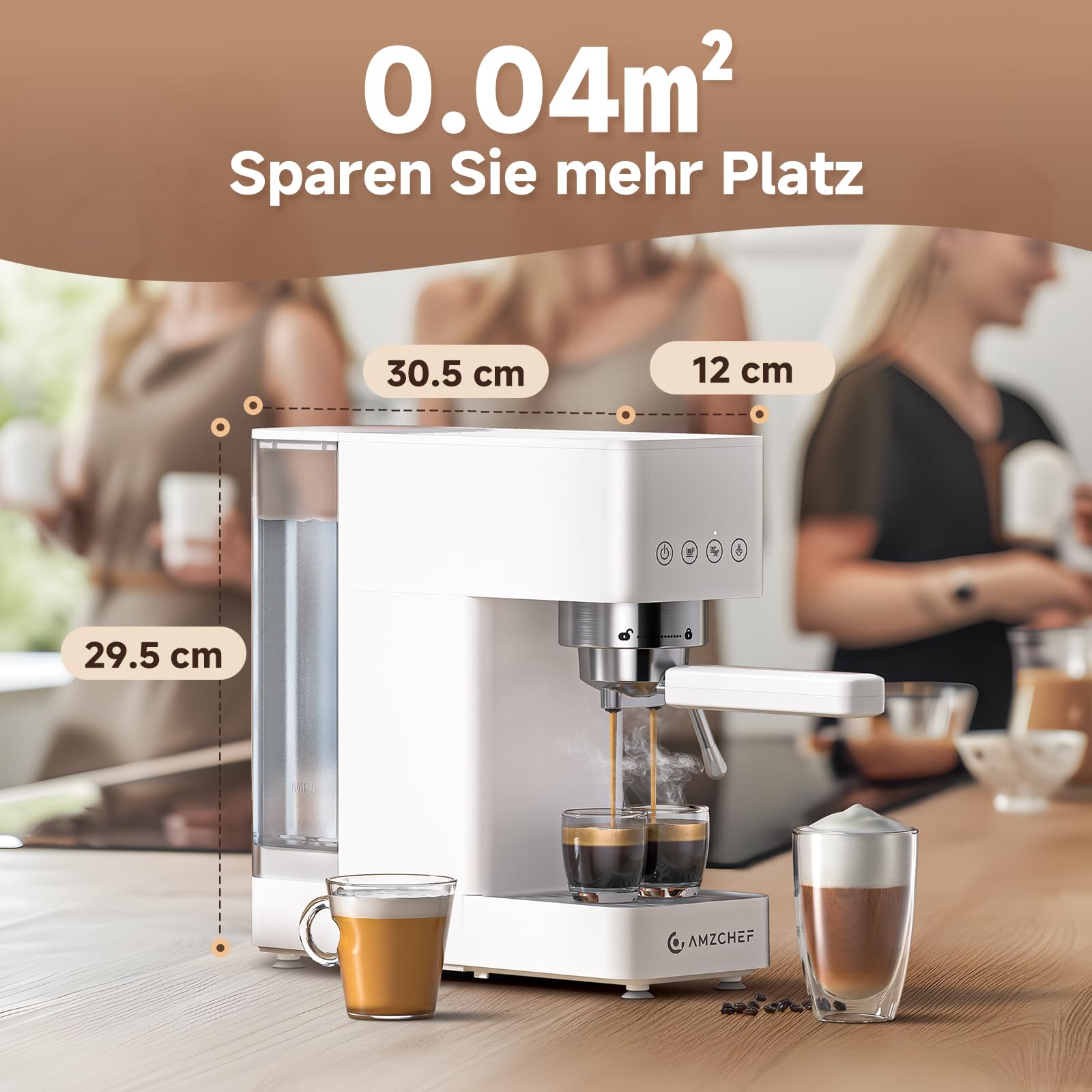 AMZCHEF Siebträgermaschine 20 Bar Espressomaschine klein mit LED-Display, Milchaufschäumer & Edelstahl-Dampfstab, 1350W Schnellaufheizung, 1,5L Wassertank, für Espresso Cappuccino Latte,Weiß