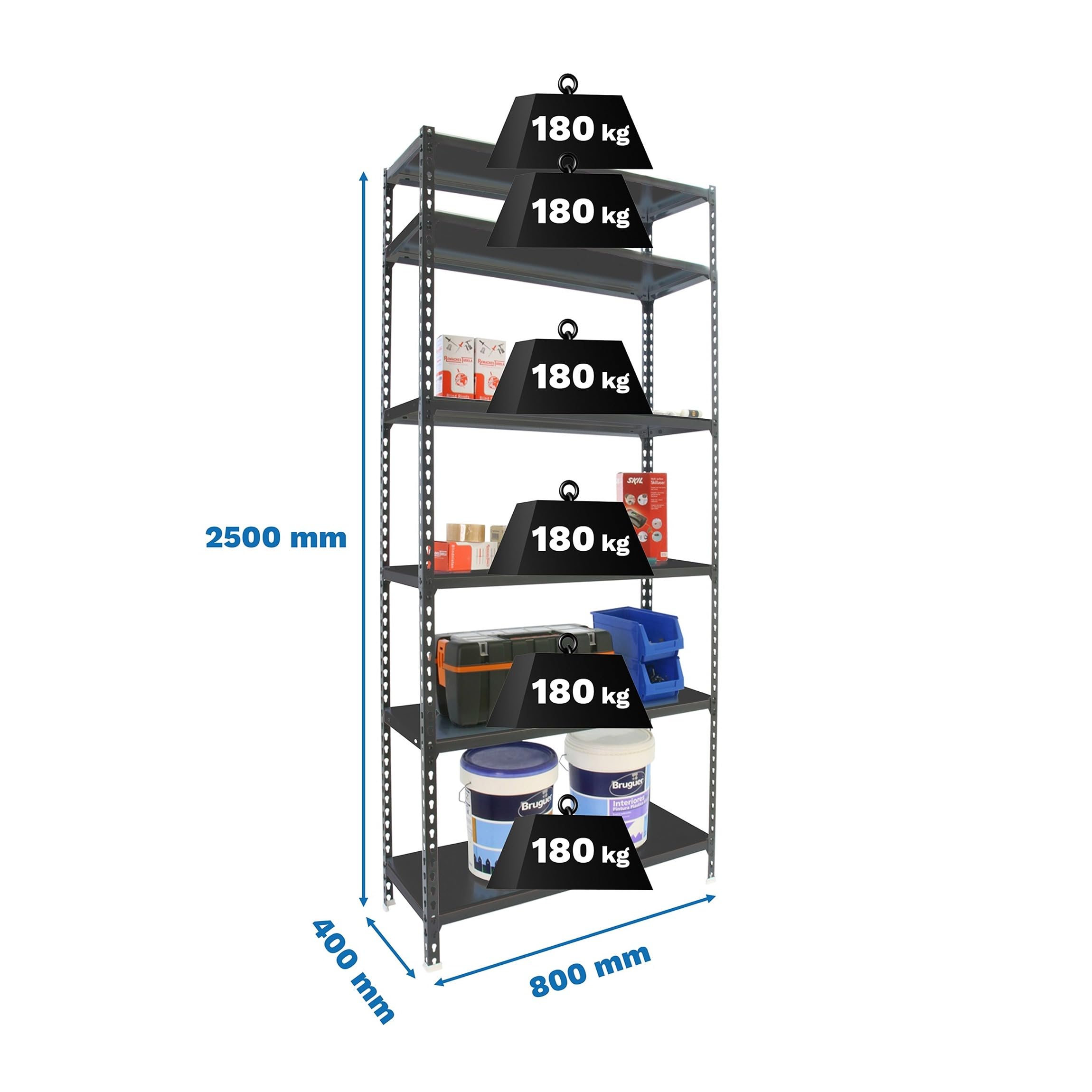 Simon Rack Regał metalowy 2500x800x400 mm, 6 półek, nośność 180 kg na półkę, regał magazynowy i garażowy, stabilna konstrukcja, kolor Antrakitowe – Simon Classic