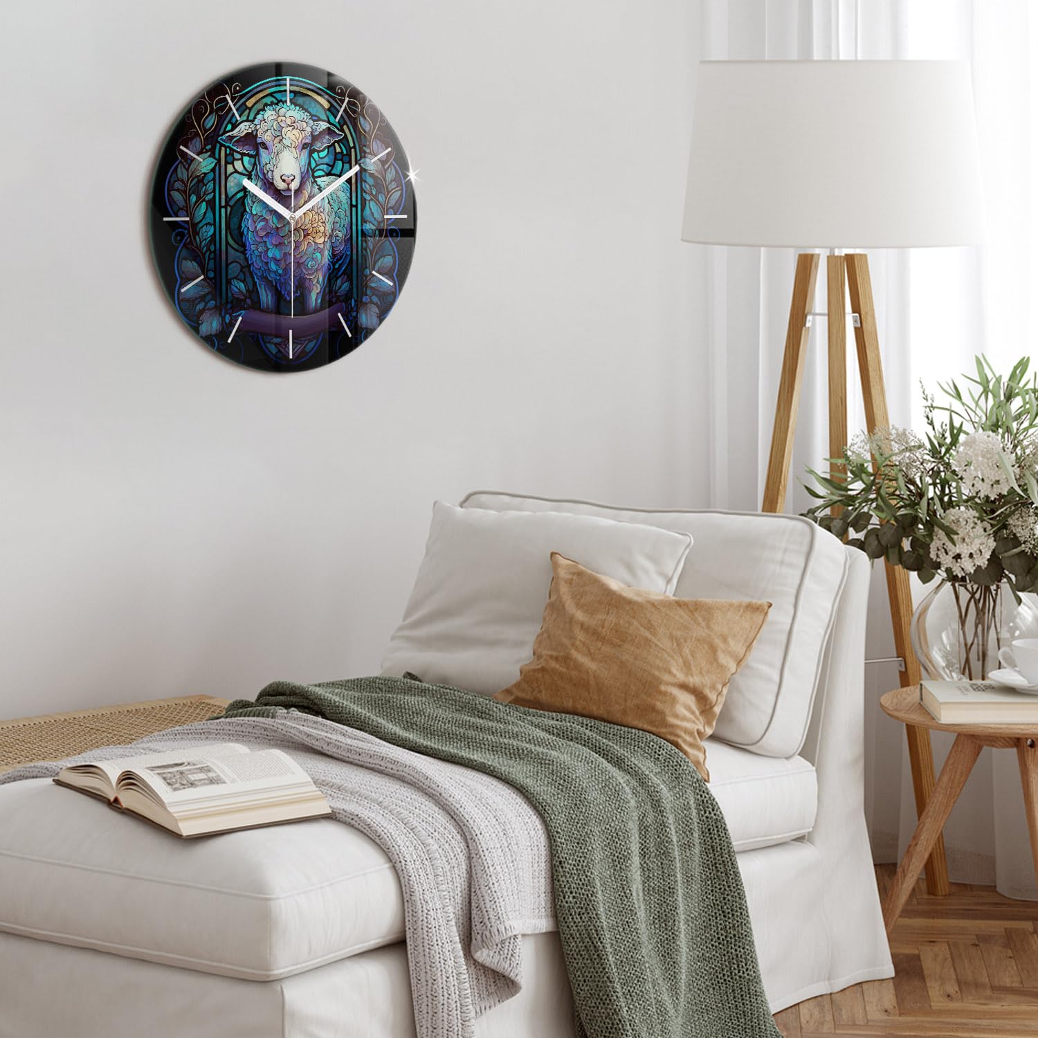 Sacroarte 60cm Orologio da parete In vetro Orologio lancette bianche - Vetrata con le pecore di Dio