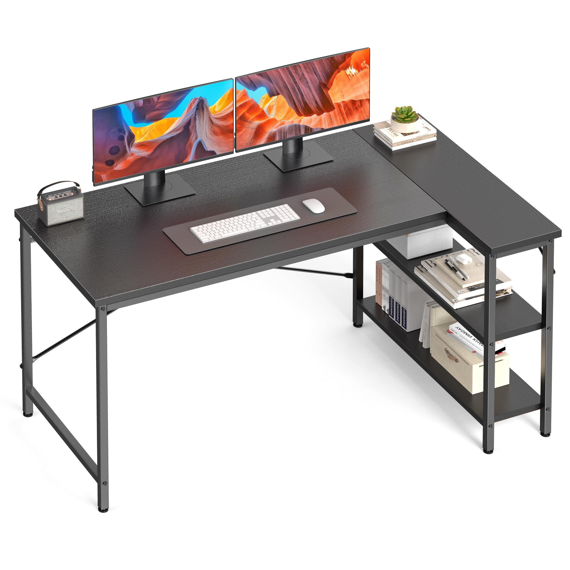 DUMOS L Shaped Desk in a modern gaming setup with two monitors and LED lighting.