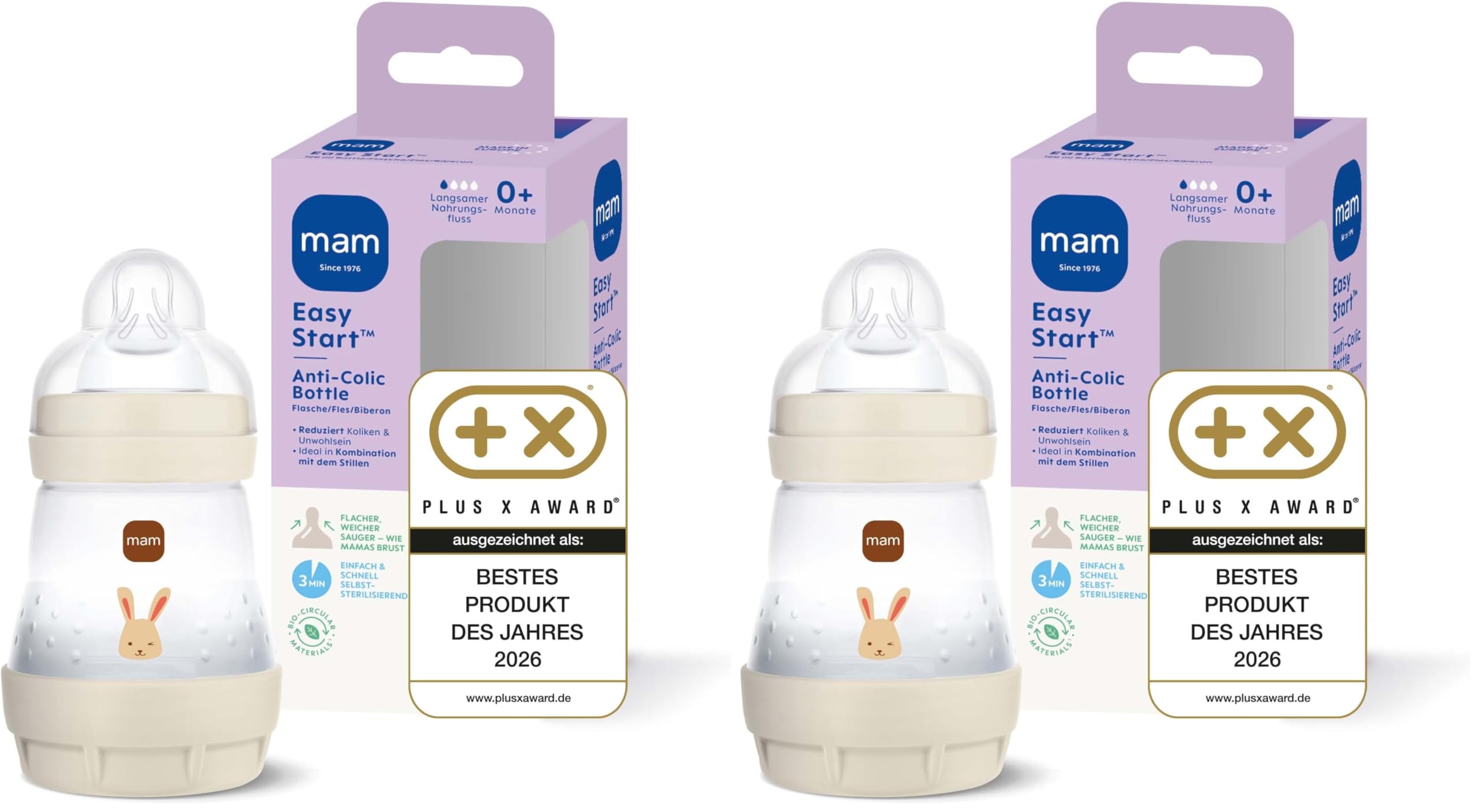 MAM Easy Start Anti-Colic Babyflasche | 0+ Mon | Testsieger | Milchflasche für Neugeborene | 94% Akzeptanz & 80% weniger Koliken | stillfreundliche Trinkflasche für Babys | Sauger Gr. 1 | 160ml | Hase