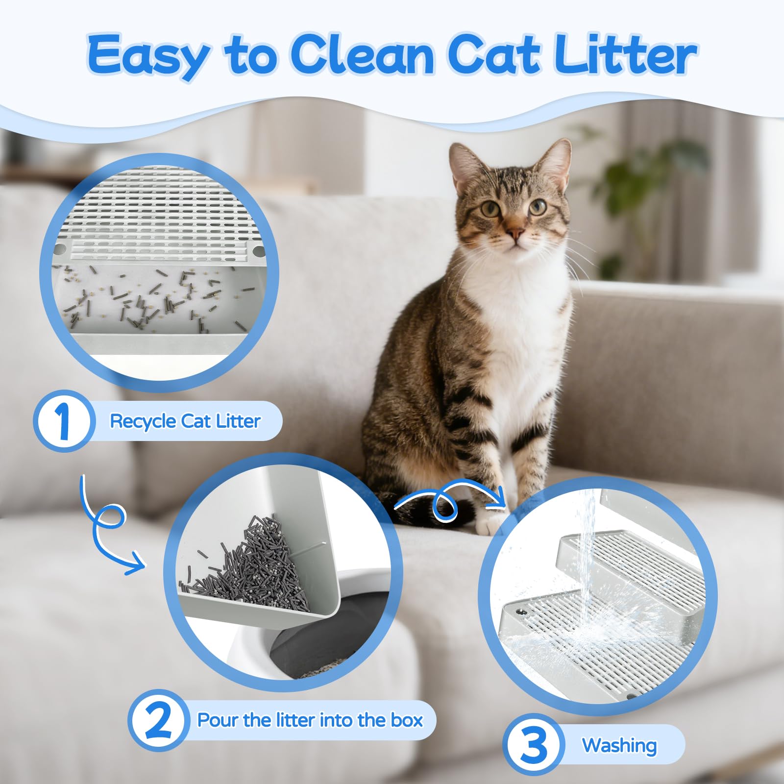 Rampe de litière Extra Large à 3 marches réglable avec Fonction de Filtre, Facile à Nettoyer, pour Chats âgés et Chatons (Gris Clair)