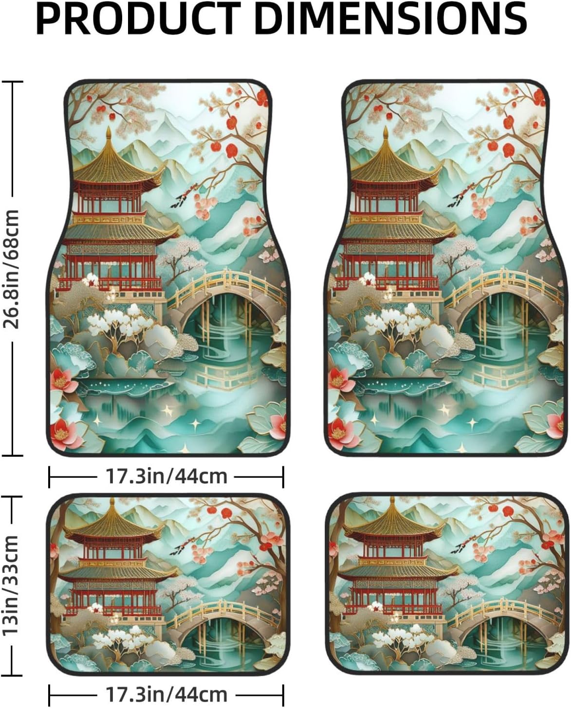 Artistic Fabric Car Floor Mats-Non-Slip Rubber Backing,Asian Palace,Front (26.8x17.3in) & Rear (13x17.3in) Set-Water Absorbing, Durable Automotive Floor Liners with Stylish Patterns - Image 2