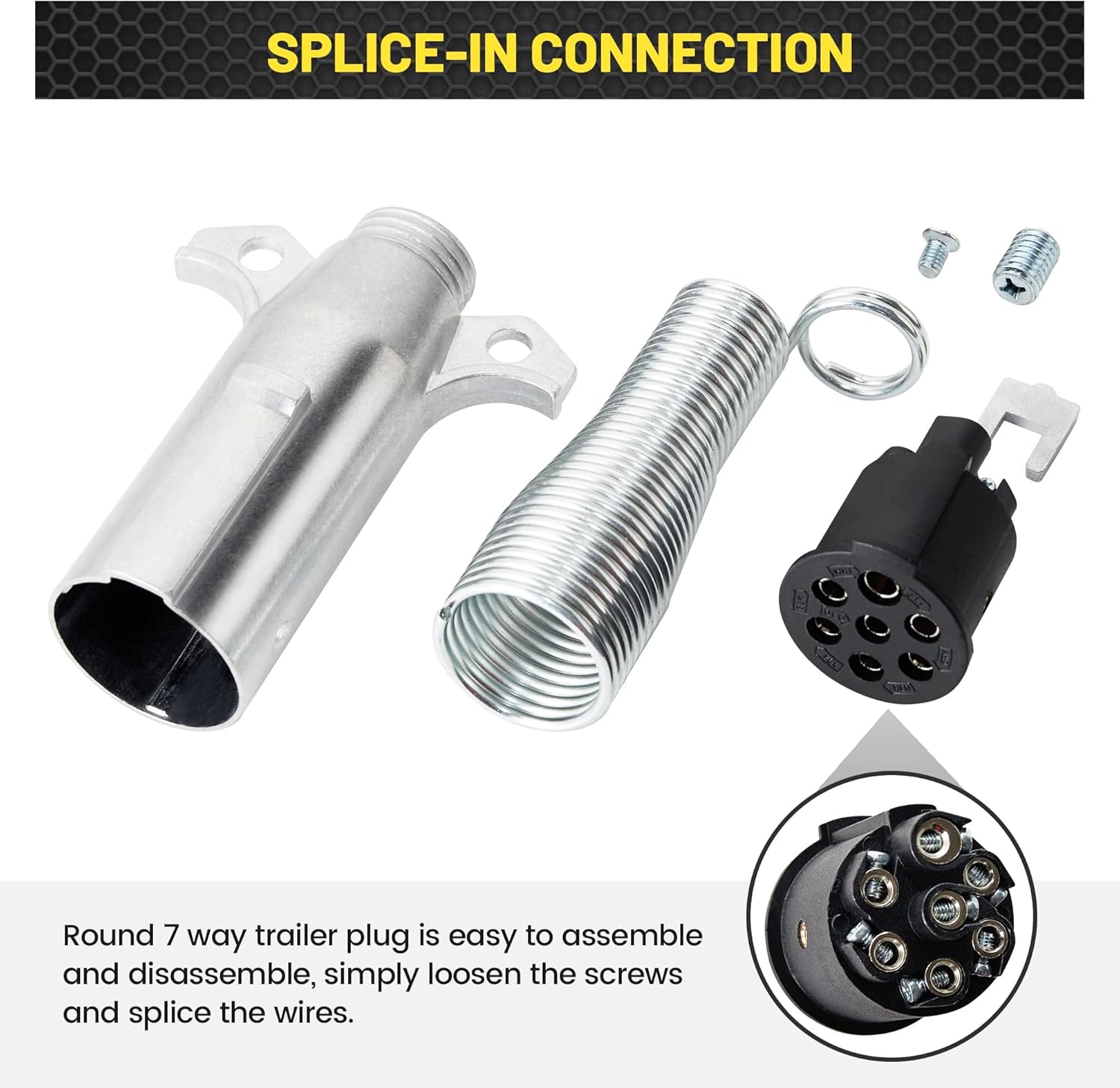 Oyviny Trailer-Side 7 Pin Round Trailer Plug with Extension Spring 2PCS, 7 Way Semi Trailer Plug Zinc Die-Cast with Cable Guard, Round 7 Pin Trailer Socket 7 Inch Length (Pack of 2)