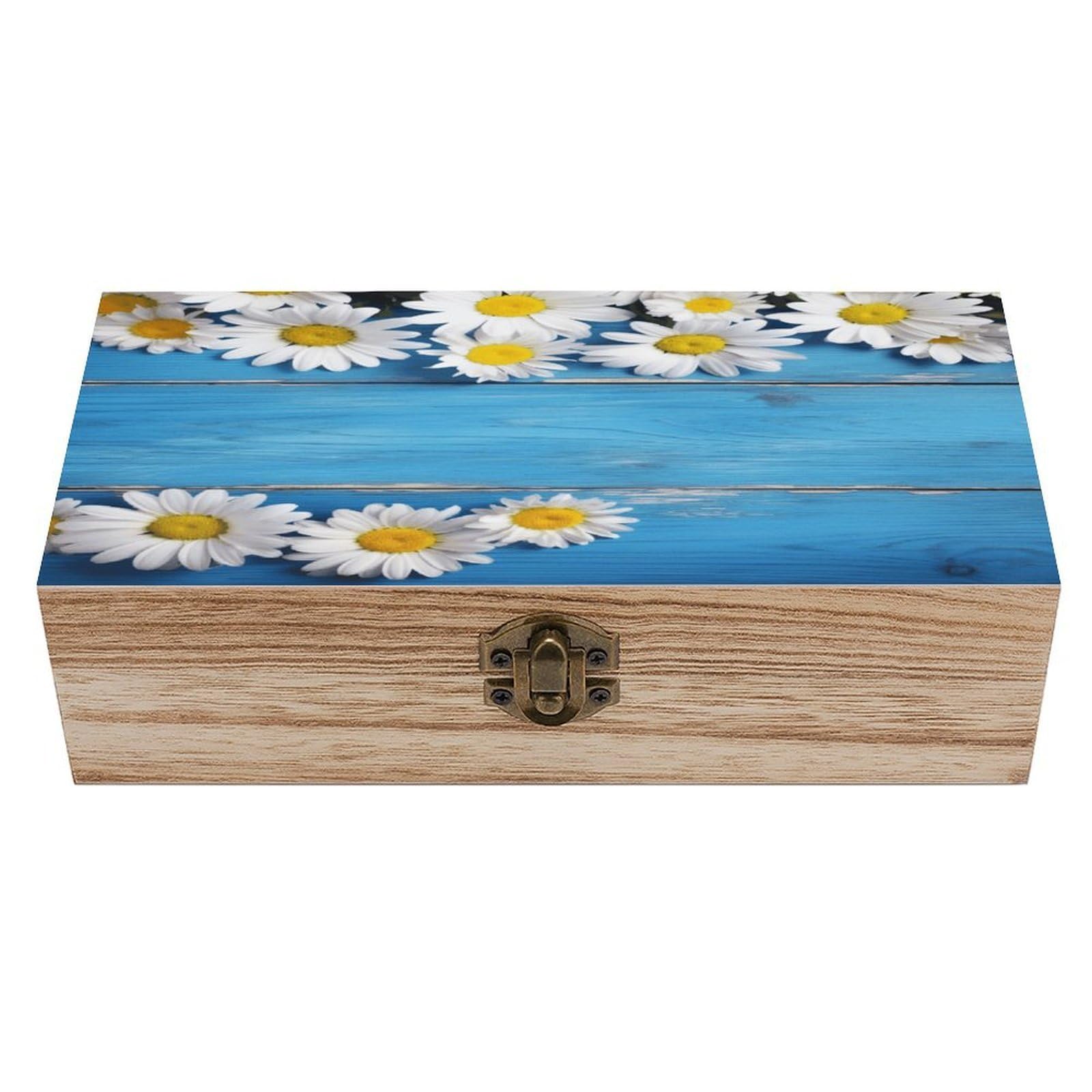 Btcowzrv Style Daisy Flowers Blue Wooden Wooden Storage Box, Keepsake Box With Hinged And Retro Lock, Wood Jewelry Organizer For Photos & Mementos And Home Decor