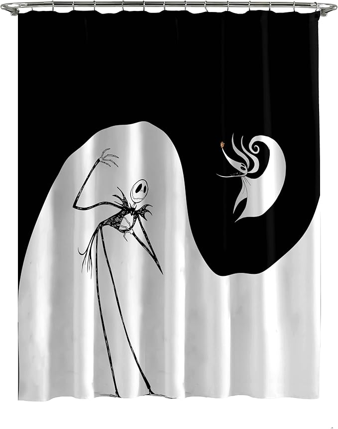 Jay Franco Disney Nightmare Before Christmas Fabric Shower Curtain - Kids Swirl Black and White Bathroom Décor with Jack Skellington and Zero