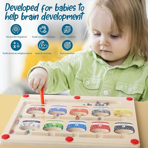 Miniatura 5 de Laberinto magnético de color y números, juego de mesa de rompecabezas de madera para niños pequeños, juguetes Montessori de clasificación de colores