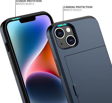 Nvollnoe iPhone 14 Plus用ケース、カードホルダー付き、高耐久 保護 デュアルレイヤー 耐衝撃 隠しカードスロットスリムウォレットカバー iPhone 14 Plus用 女性用 & 男性用 ブルー