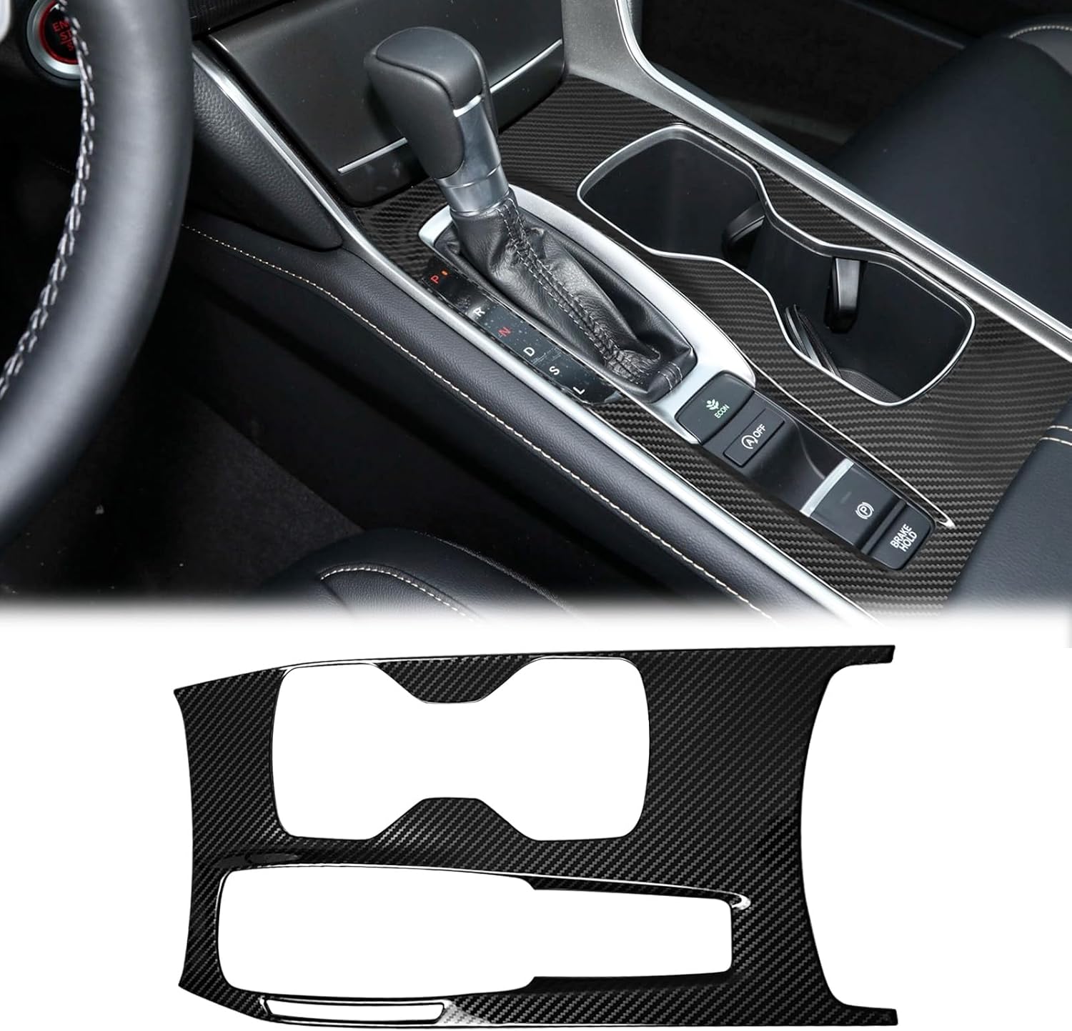 SUNJIKA Compatible with Carbon Fiber Gear Shifter Box Gun Water Cup Holder Panel Trim Interior Accessories for Honda Accord 10th Gen 2018 2019 2020 2021 2022 - (1pc Black Gas), YB1740