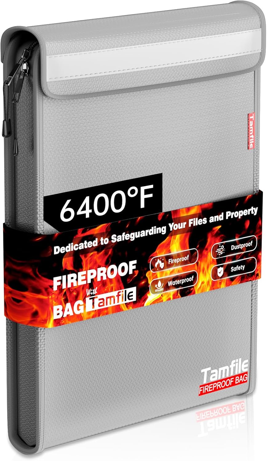 Fireproof Document Bag (6400℉) – Waterproof & Zippered, 15″x11″ with 2 Pockets for Legal & A4 Sizes (Grey)