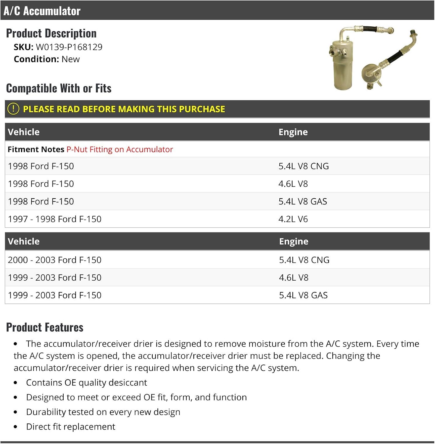 Marketplace Auto Parts A/C Accumulator/Receiver Drier - Compatible with 1997-2003 Ford F-150