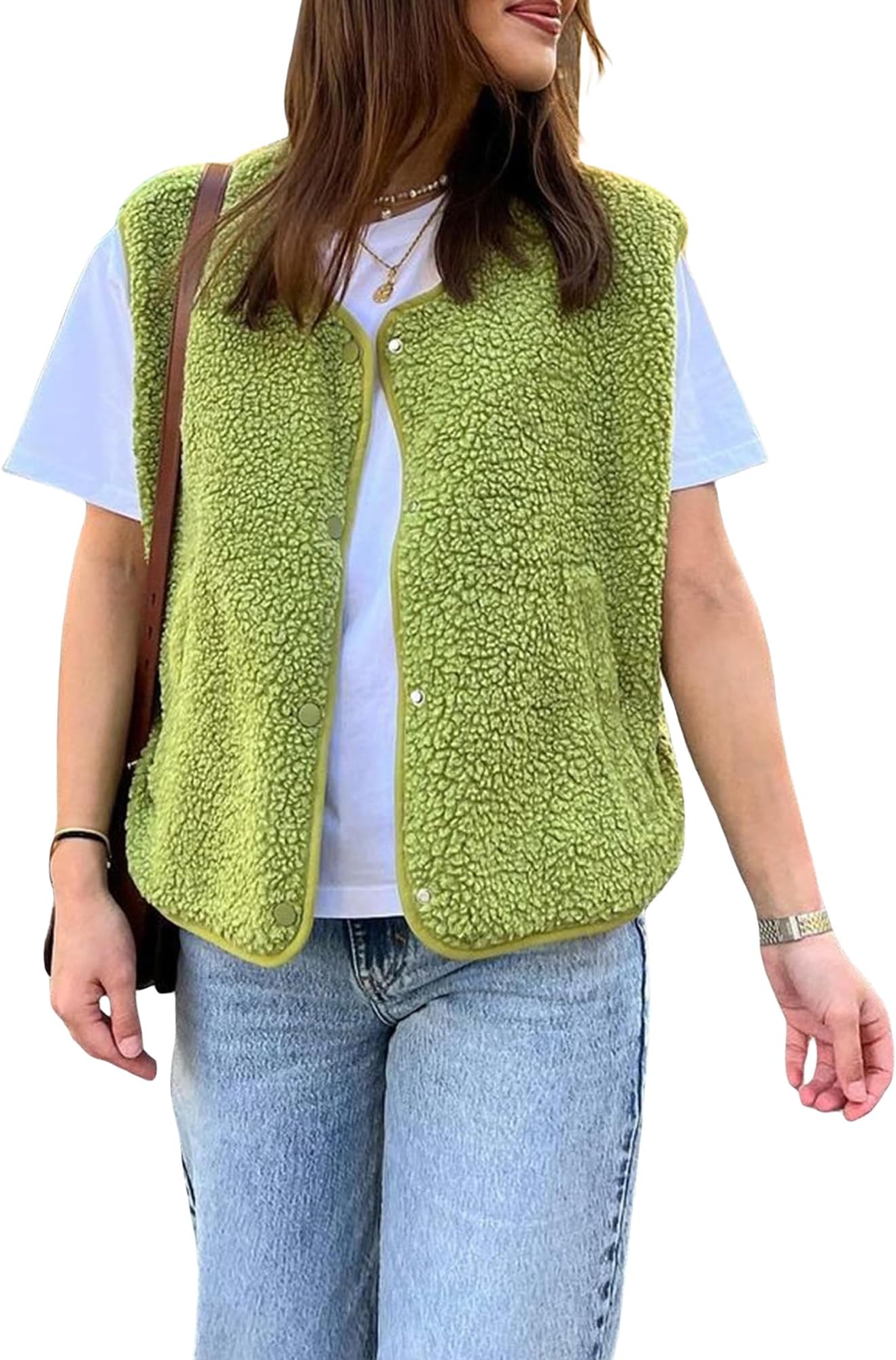 Womens Fleece Vest Tops Solid Color V Neck Sleeveless Snap Button Up Jacket Cardigan Winter Lamb wool Warm Outwear with Pockets