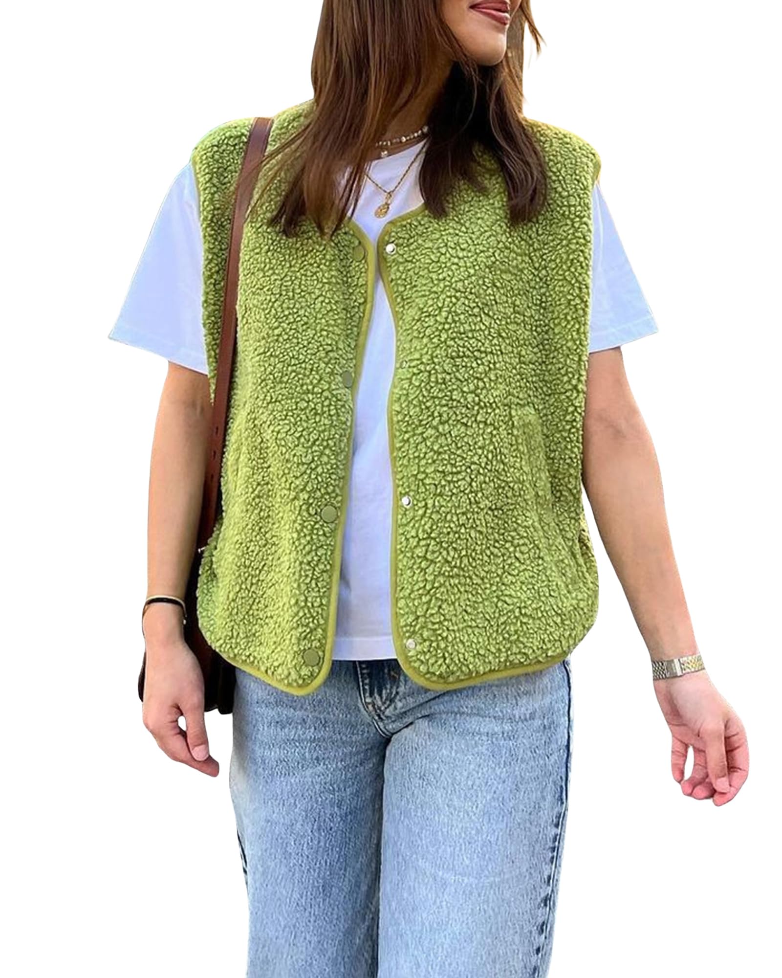 Womens Fleece Vest Tops Solid Color V Neck Sleeveless Snap Button Up Jacket Cardigan Winter Lamb wool Warm Outwear with Pockets
