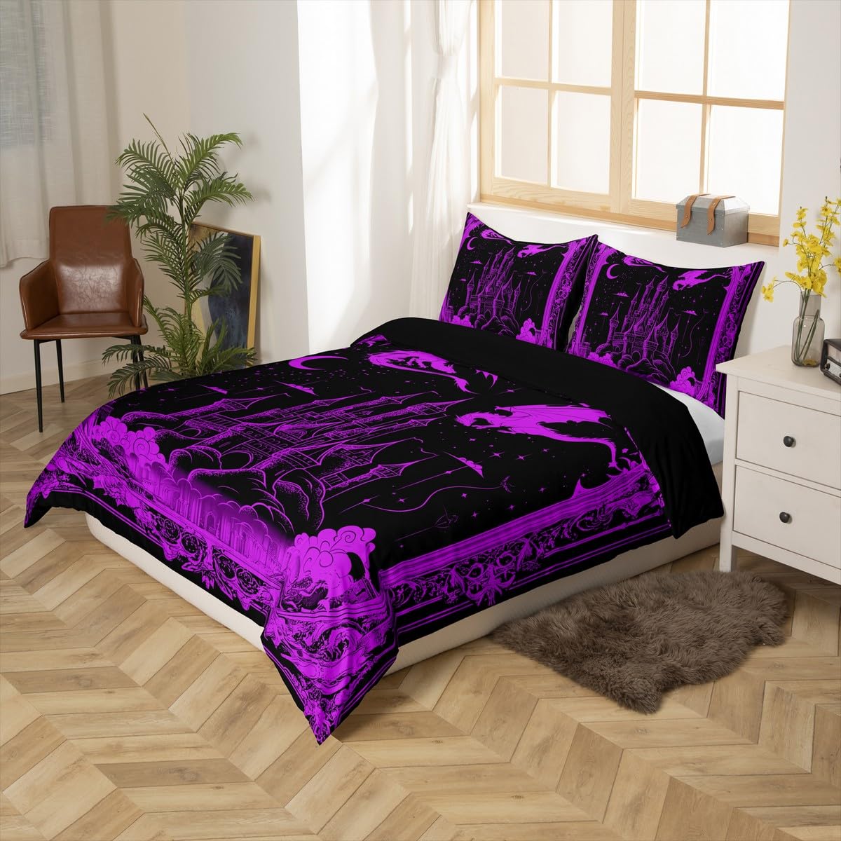 jejeloiu Fairy Dragon Bedding Set Toddler Size Kids, Vintage Damask Castle Comforter Cover Set for Boys Girls, Medieval Fantasy Dragon Vivid Purple Duvet Cover Quilt Cover,No Stuffing
