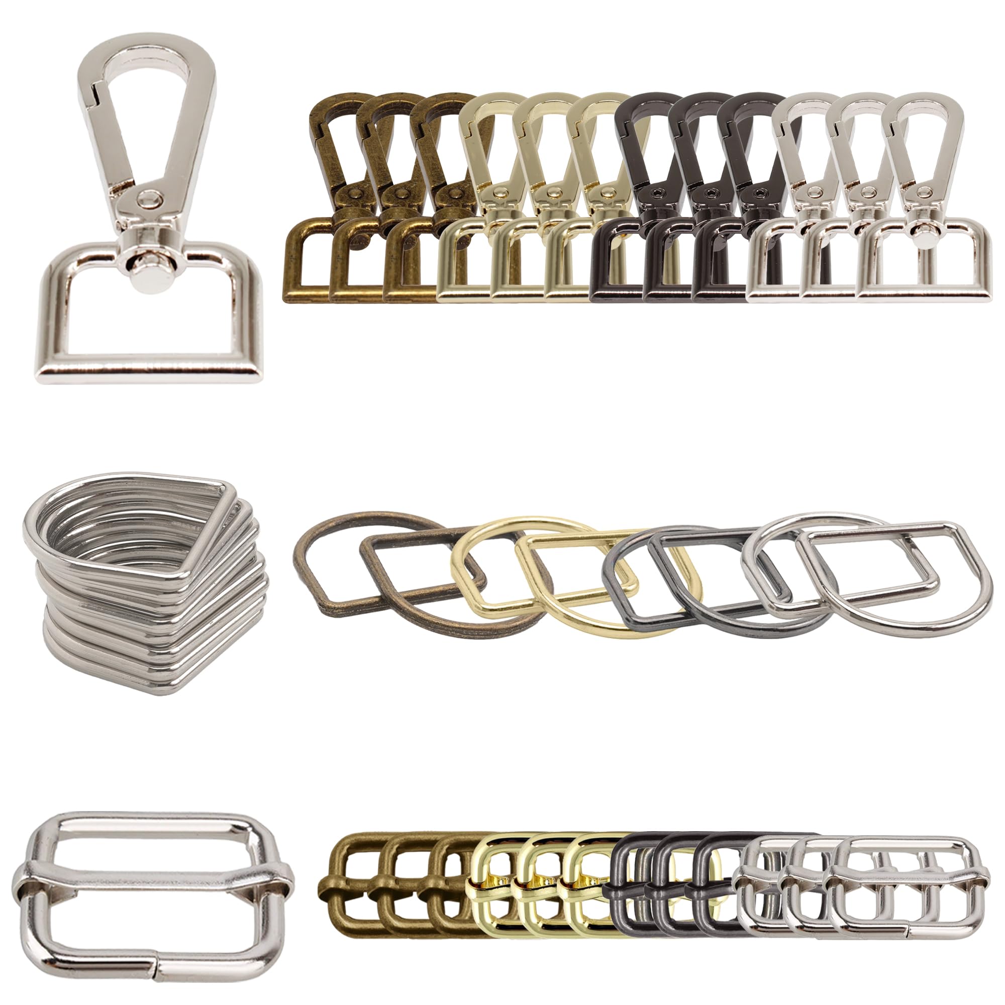 Kit de 120 piezas de accesorios para llavero: ganchos giratorios de 25 mm, anillos en D y hebillas deslizantes de triple deslizamiento para reparación de bolsos, manualidades de cordón, costura de