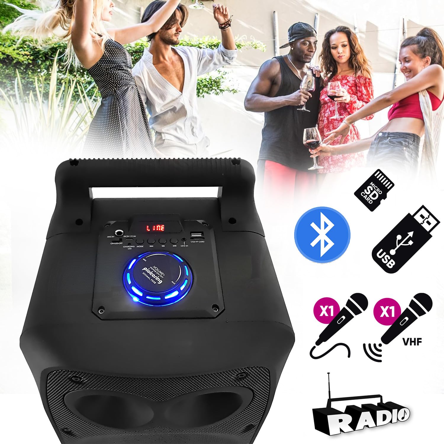 Enceinte Sono 400W Sono DJ High Power Karaoké sur Batterie LED RVB - USB/SD/Bluetooth/Radio FM + 2 MICROS + Jeu UFO Ovni