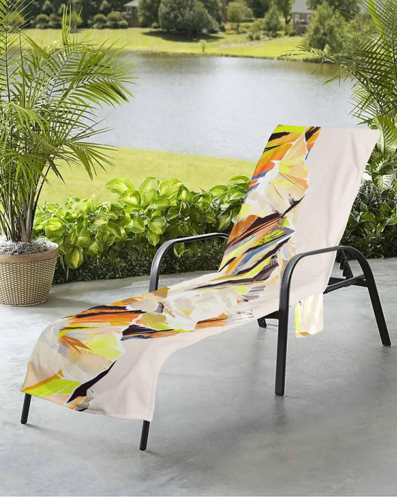 Beach Pool Patio Lounge Chaise Chair Cover Towel with Pockets,Yellow Mountain Absorbent & Quick Dry Microfiber Towel Cover Bag Summer Travel Accessories Abstract Multicolor Mountain Range Landscape