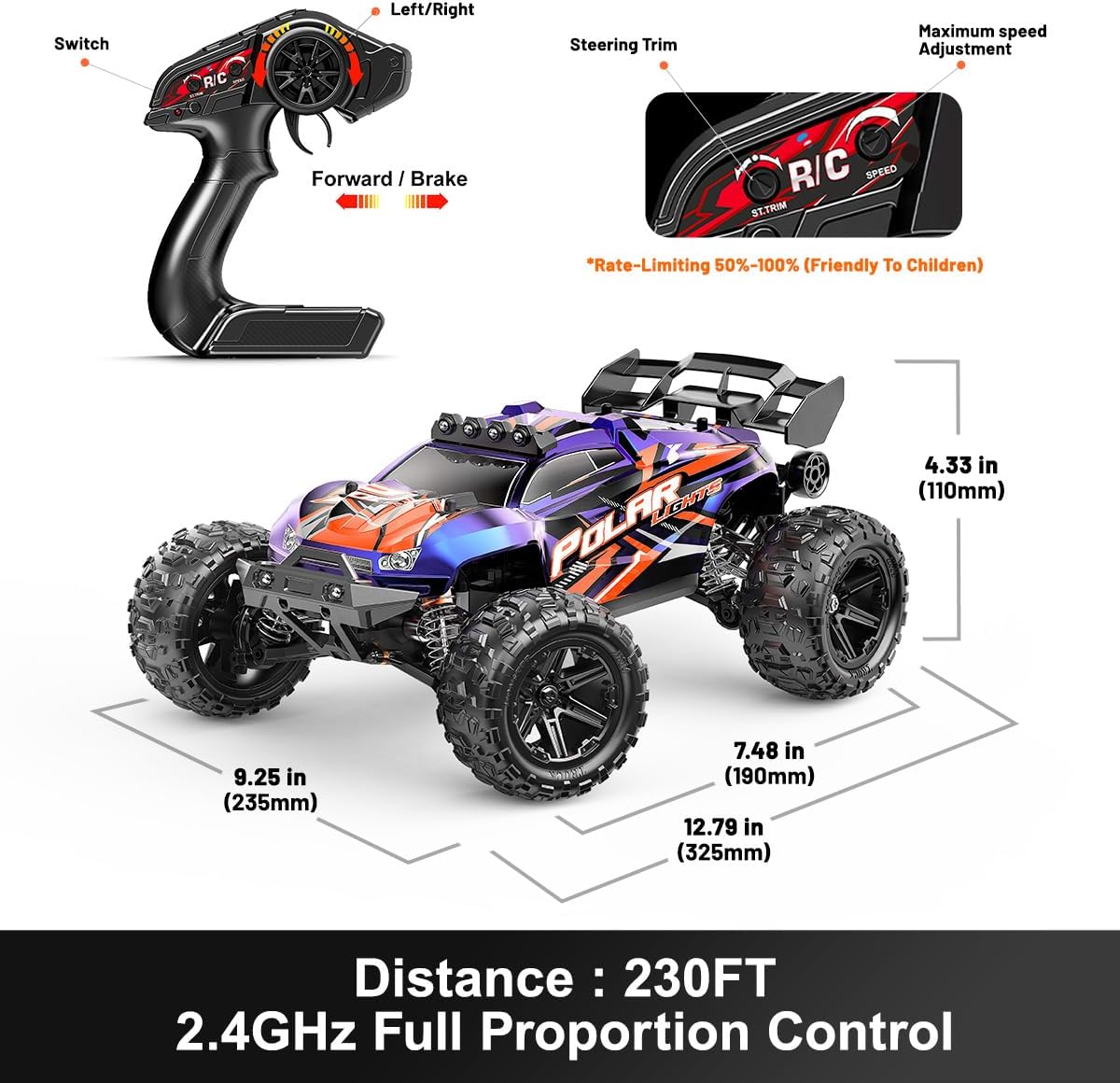RC Cars 1:14 All Terrain Off-Road RC Truck, 4WD Fast Remote Control Car 40+ KPH, 4X4 Waterproof RC Vehicle with 2 Rechargeable 1300 mAh Batteries and 2 Sets of Tires