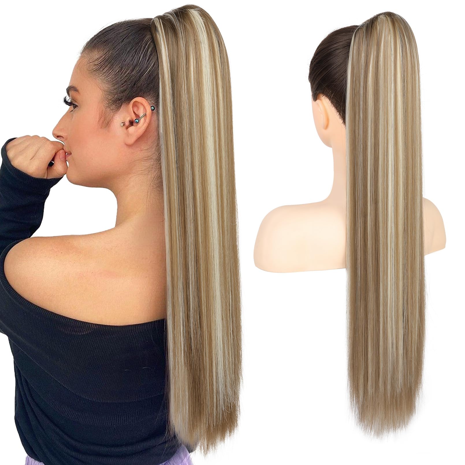 Flufymooz ponytail extension, 26 Inch Long Straight Drawstring Ponytail Synthetic Hairpieces Fake Pony Tails Natural Soft Clip in Hair Extension Pony