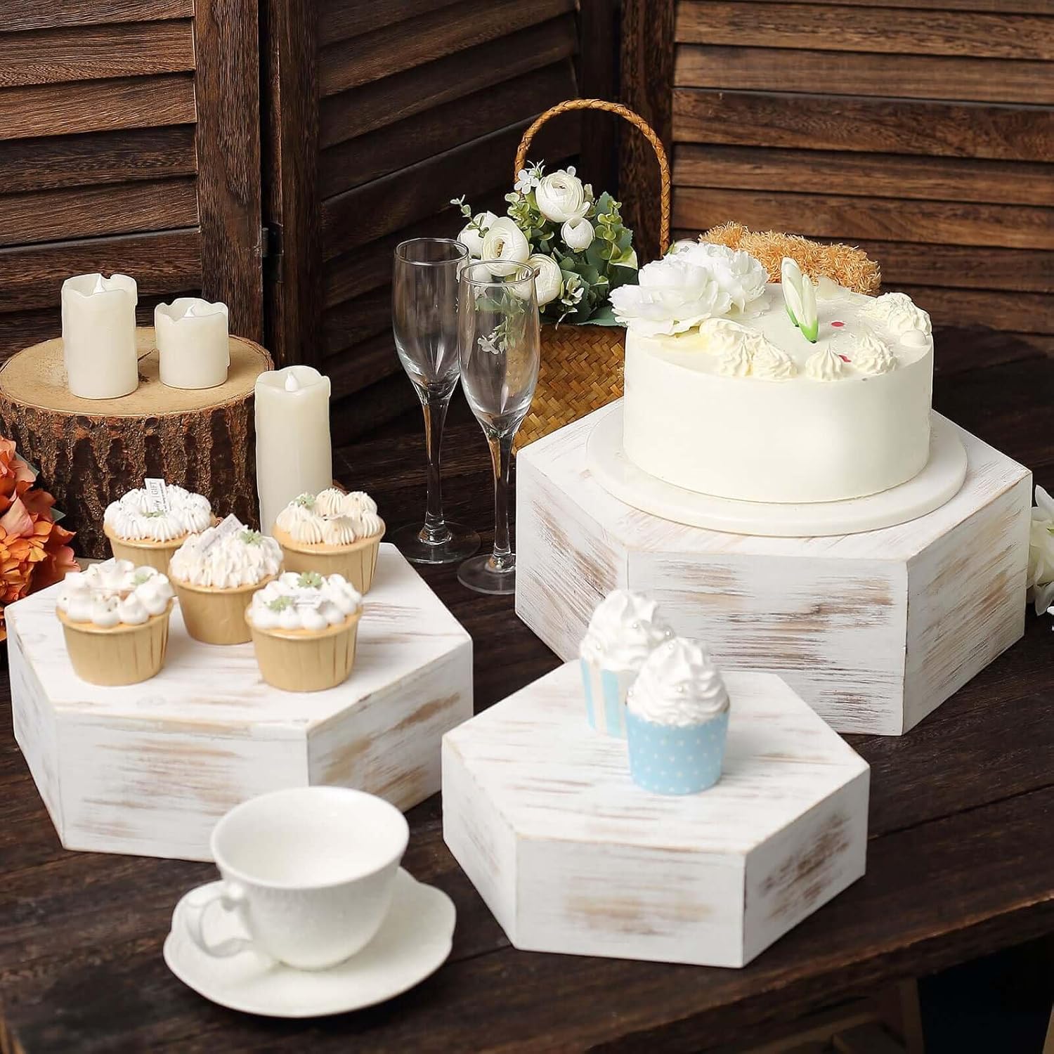 Efavormart Set of 3 | Whitewashed Hexagonal Wooden Dessert Holder Display Boxes, Stackable Riser Cake Stand - 9", 11", 13"