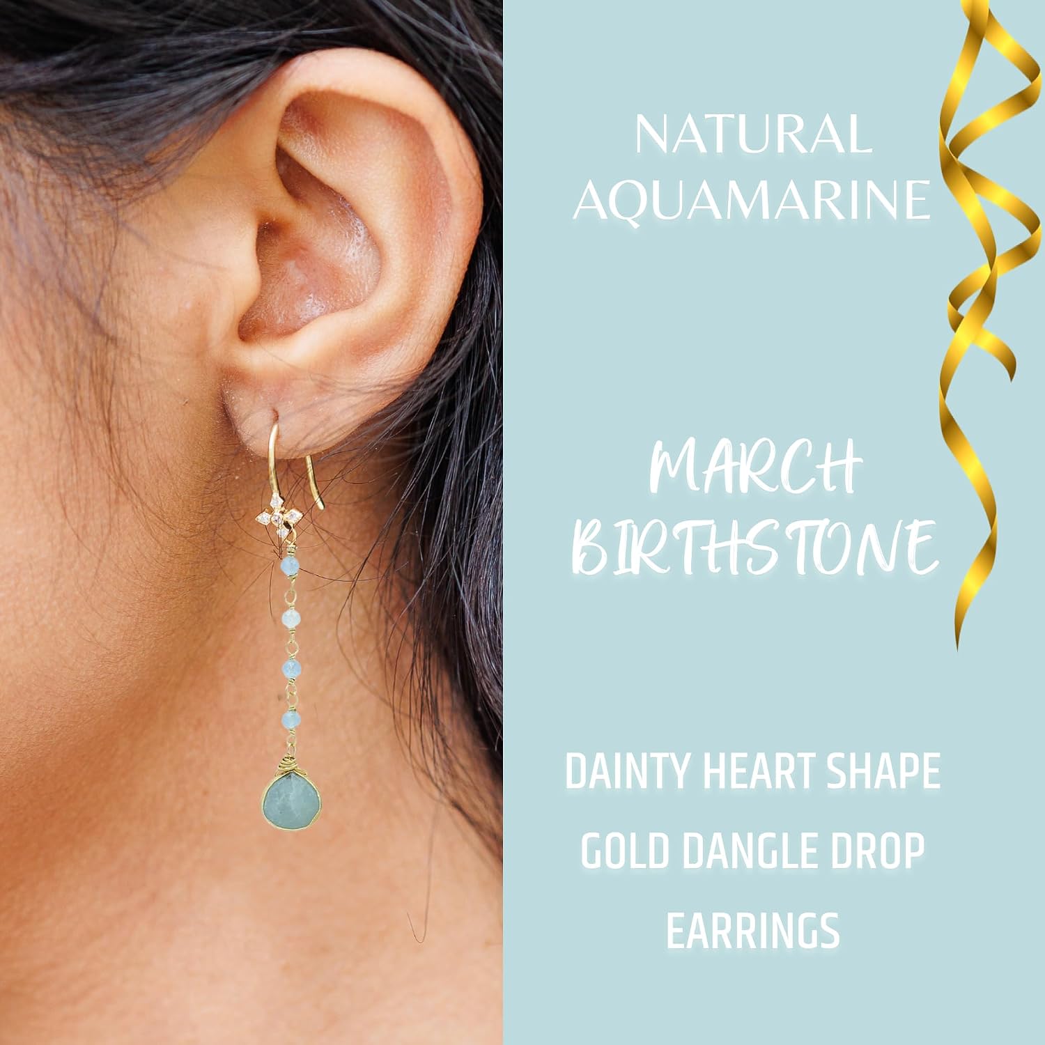 Aquamarine Earrings for Women in Heart Long Dangle Shape - 18K Gold Vermeil, Certified 925 Sterling Silver Earring - Hypoallergenic Gold Jewelry for Women, Mothers Day Gifts
