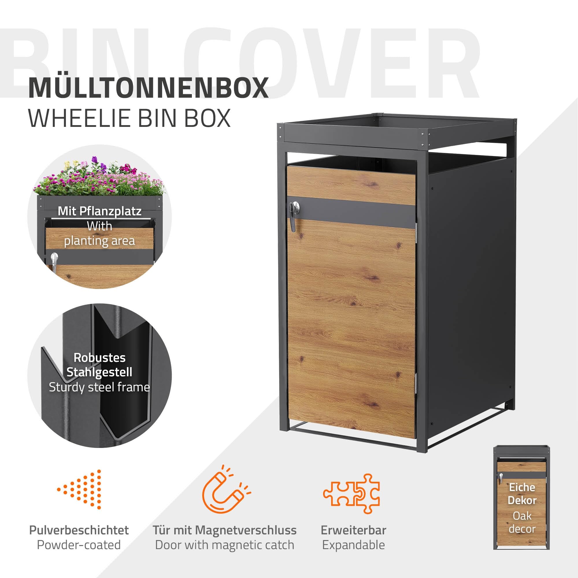 ML-Design Mülltonnenbox 1er 240L mit Pflanzdach, Mülltonnenverkleidung für 1 Mülltonne, Müllbox wetterfest, Mülltonnenhaus aus Stahl, Müllcontainer, abschließbare Tür, 68x80x124 cm Anthrazit-Holzoptik