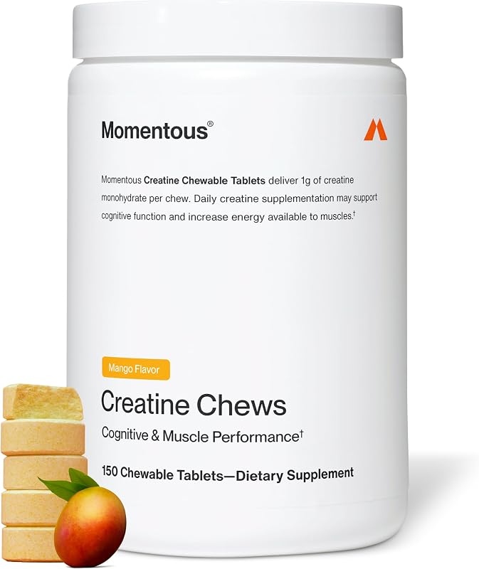 Momentous Creatine Monohydrate Chews, 5g per Serving, Mango | Supports Lean Muscle, Strength, & Recovery, Chewable Tablets, NSF Certified for Sport, Non-GMO & Gluten-Free (30 Servings)