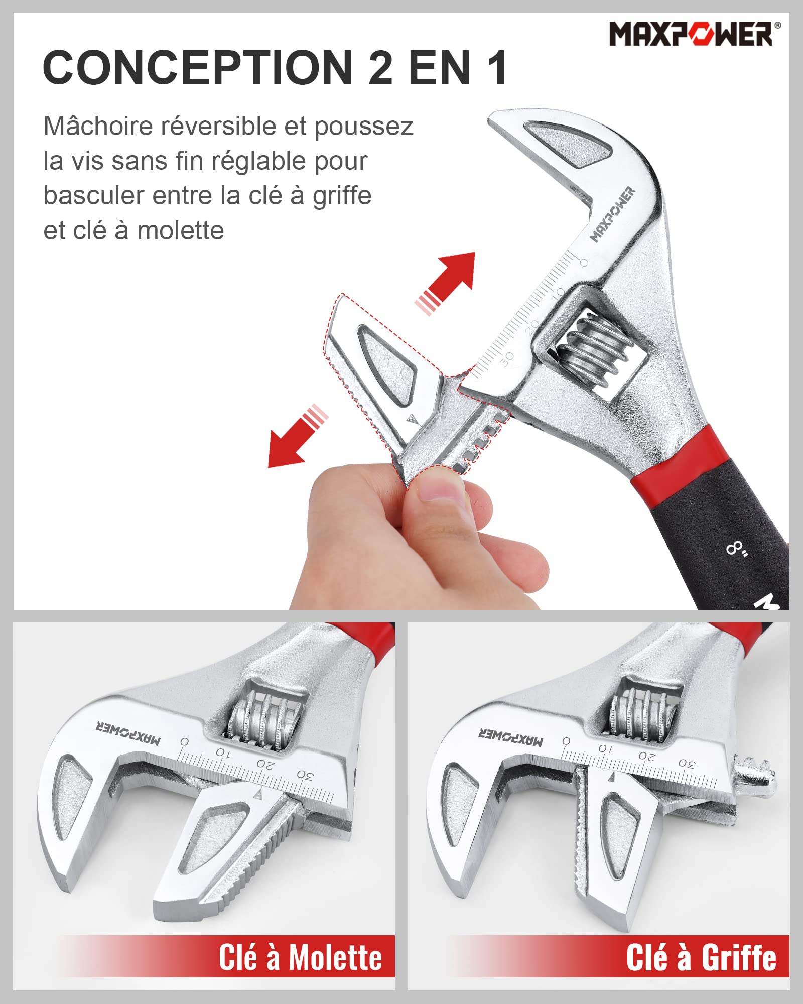 MAXPOWER – Jeu De 3 Pinces Multiprises De Pointe (175, 240, 415 Mm) – Pince Plombier Grande Taille En Acier Cr-V – Réglage Rapide à Bouton-Poussoir – Antidérapante & Durable (Noir/Rouge