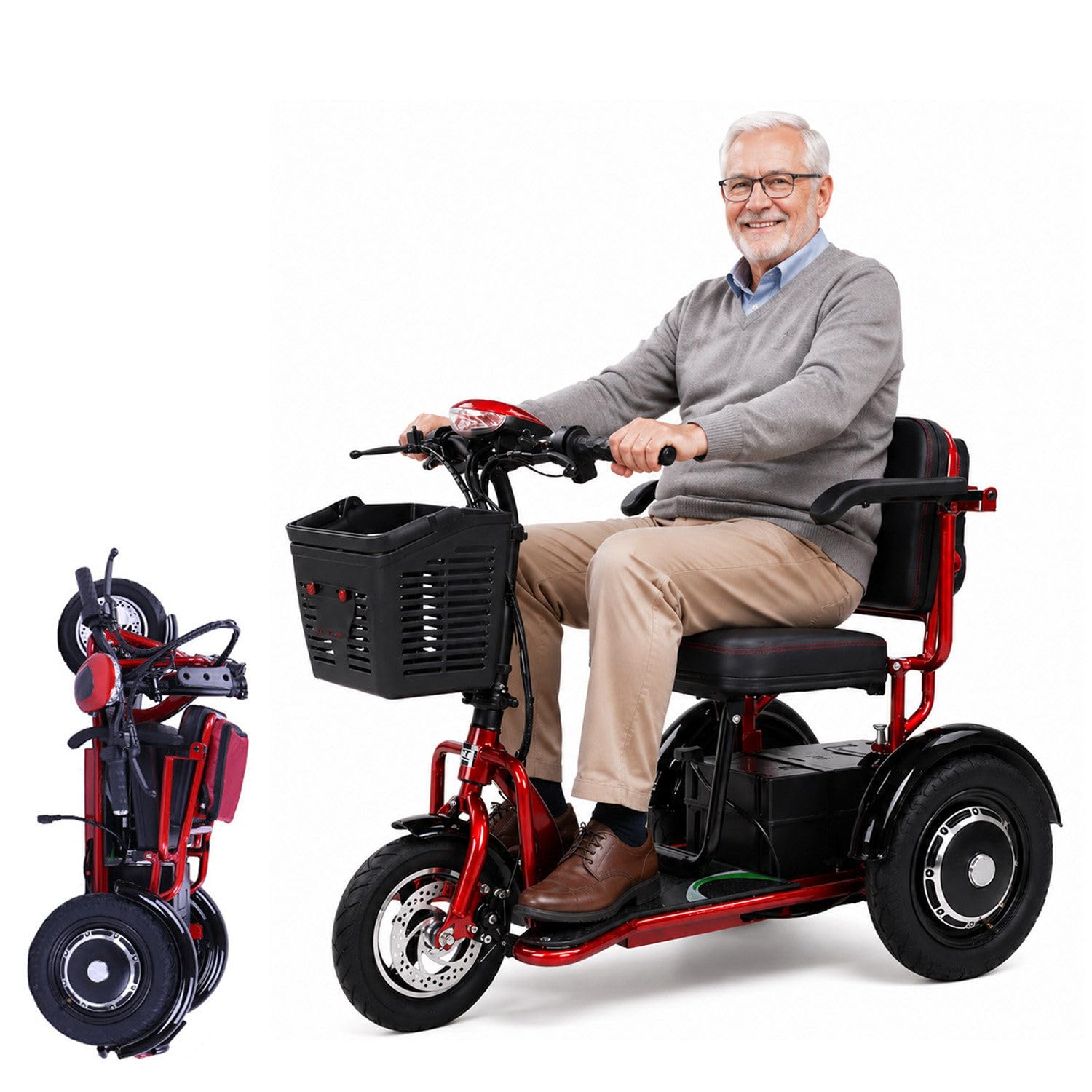 Scooter De Movilidad Para Adultos Mayores Y Adultos: Plegable, Batería Extraíble (Autonomía: 40 Km), Scooter De 3 Ruedas, Ajuste De 3 Velocidades,Color Rojo,Capacidad De 150 Kg