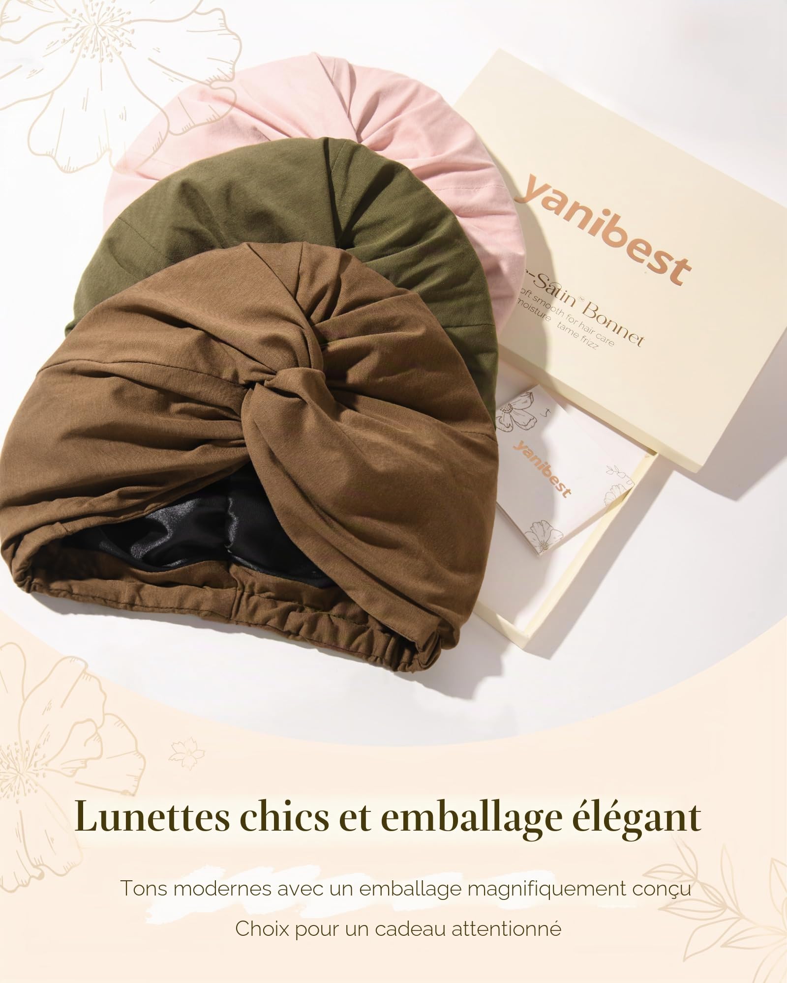 YANIBEST Bonnet en soie pour femmes endormies, double couche en satin avec élastique, bonnet de nuit cheveux naturels bouclés