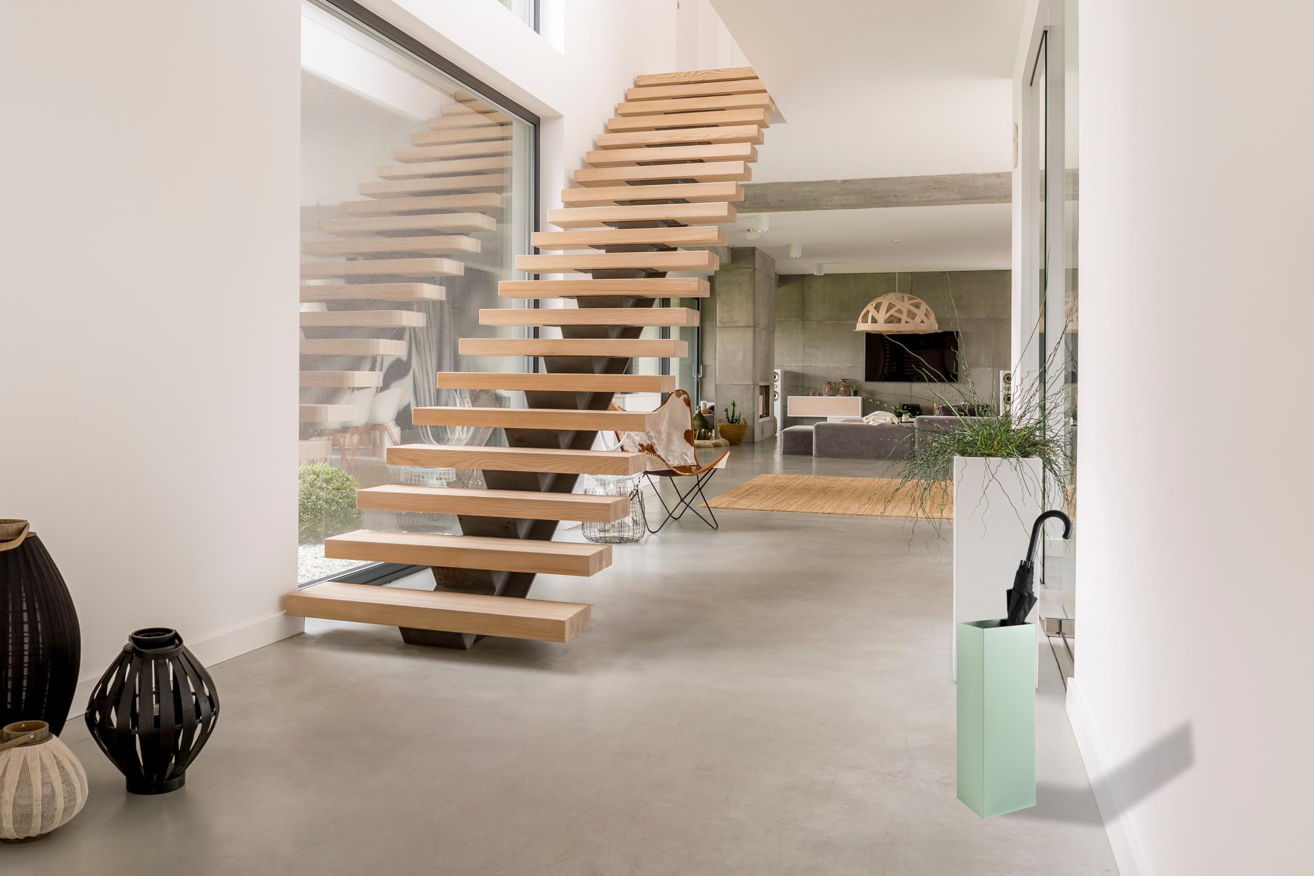 Portaombrelli verde con design moderno in metallo per casa e ufficio, supporto di design, 2 ganci, 2 vaschette di raccolta dell'acqua rimovibili, 15,5 x 15,5 x 49 cm, quadrato, portaombrelli