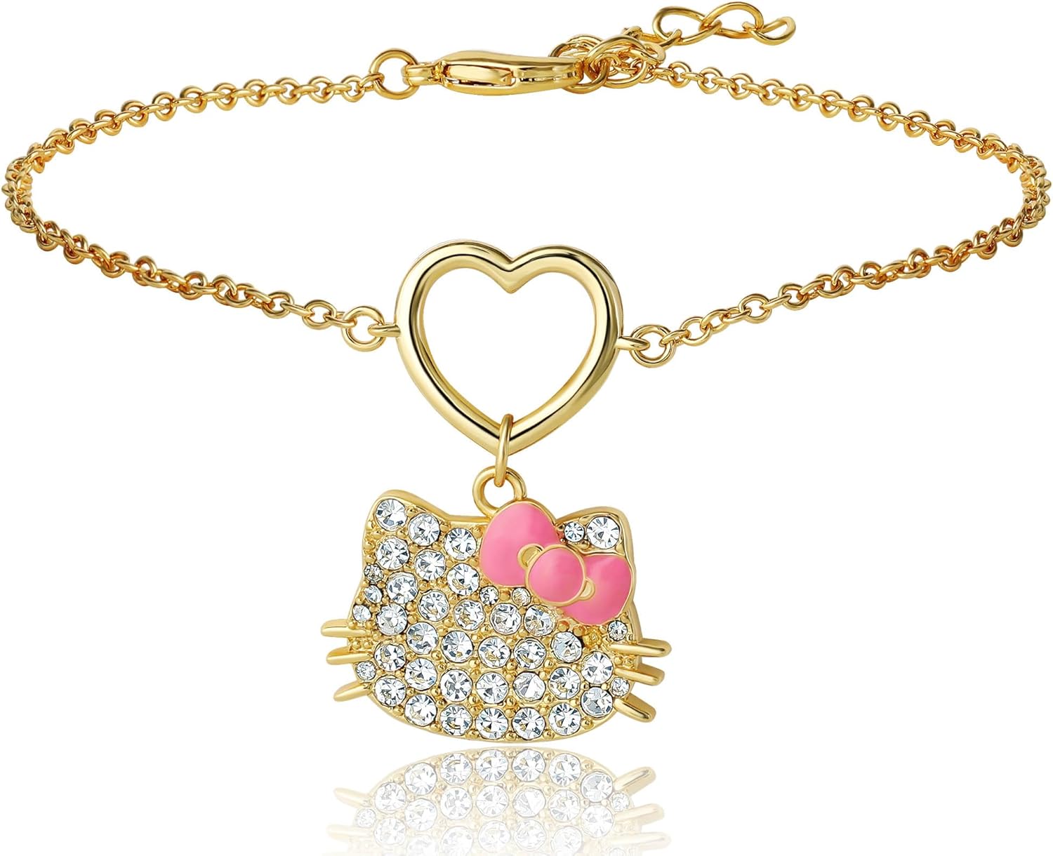 SALLY ROSE Hello Kitty Pave Crystal Charm Bracelet for Women, 6.75"+1" 18k Gold Flash-Plated Official License Hello Kitty Bracelet