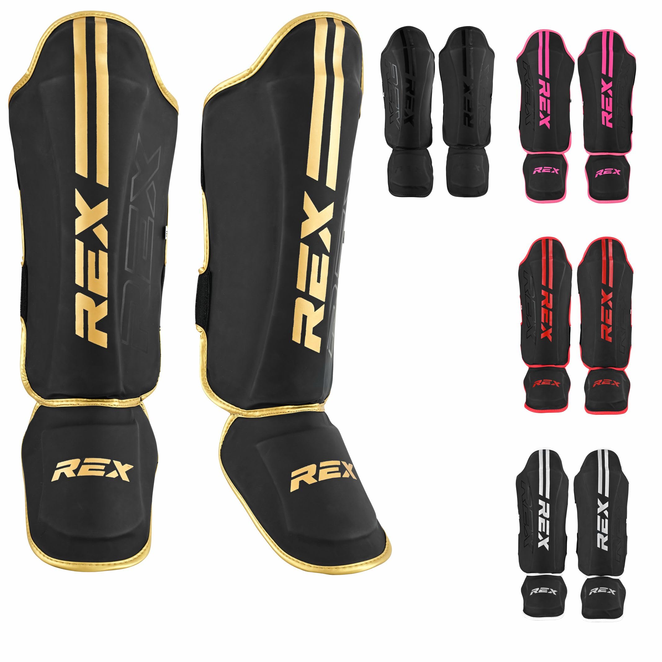 Rex Boxing Shin Guard Muay Thai Instep Leg Protector for Martial Arts, Kickboxing, BJJ, Karate, PU Leather reinforced MMA Shin Instep (BLACK/GOLD, M)